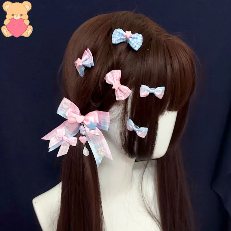 handmade Pink Blue Plaid star bow hairpin by0111
