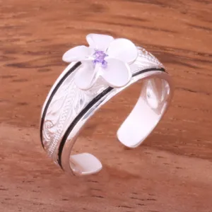 Hawaiian Sroll Black Border 8mm Plumeria with Purple CZ Smooth Edge Toe Ring