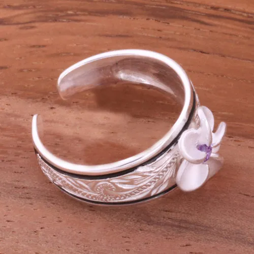Hawaiian Sroll Black Border 8mm Plumeria with Purple CZ Smooth Edge Toe Ring