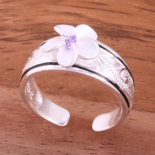 Hawaiian Sroll Black Border 8mm Plumeria with Purple CZ Smooth Edge Toe Ring