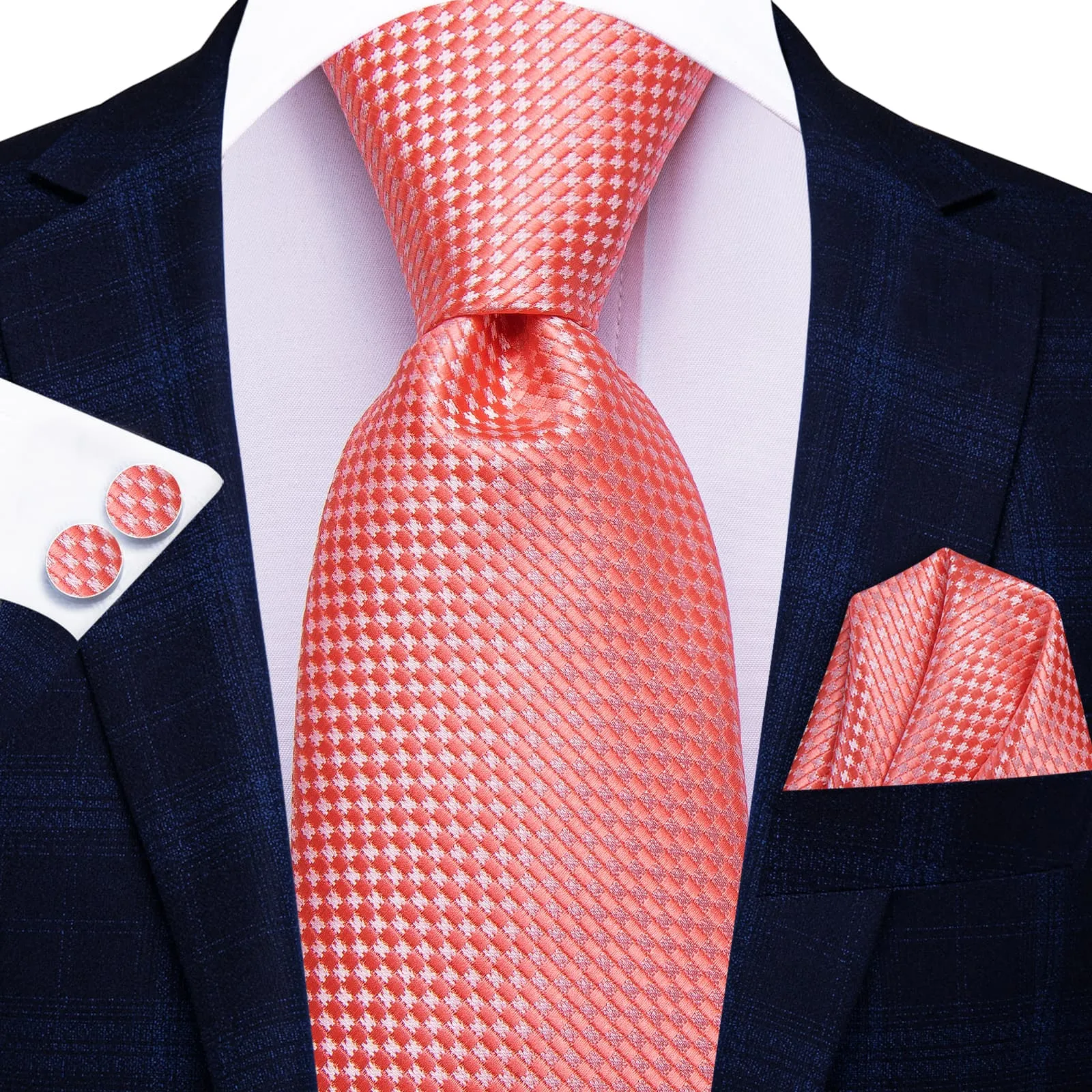 Hi-Tie Light Coral Plaid Silk Men's Necktie Pocket Square Cufflinks Set