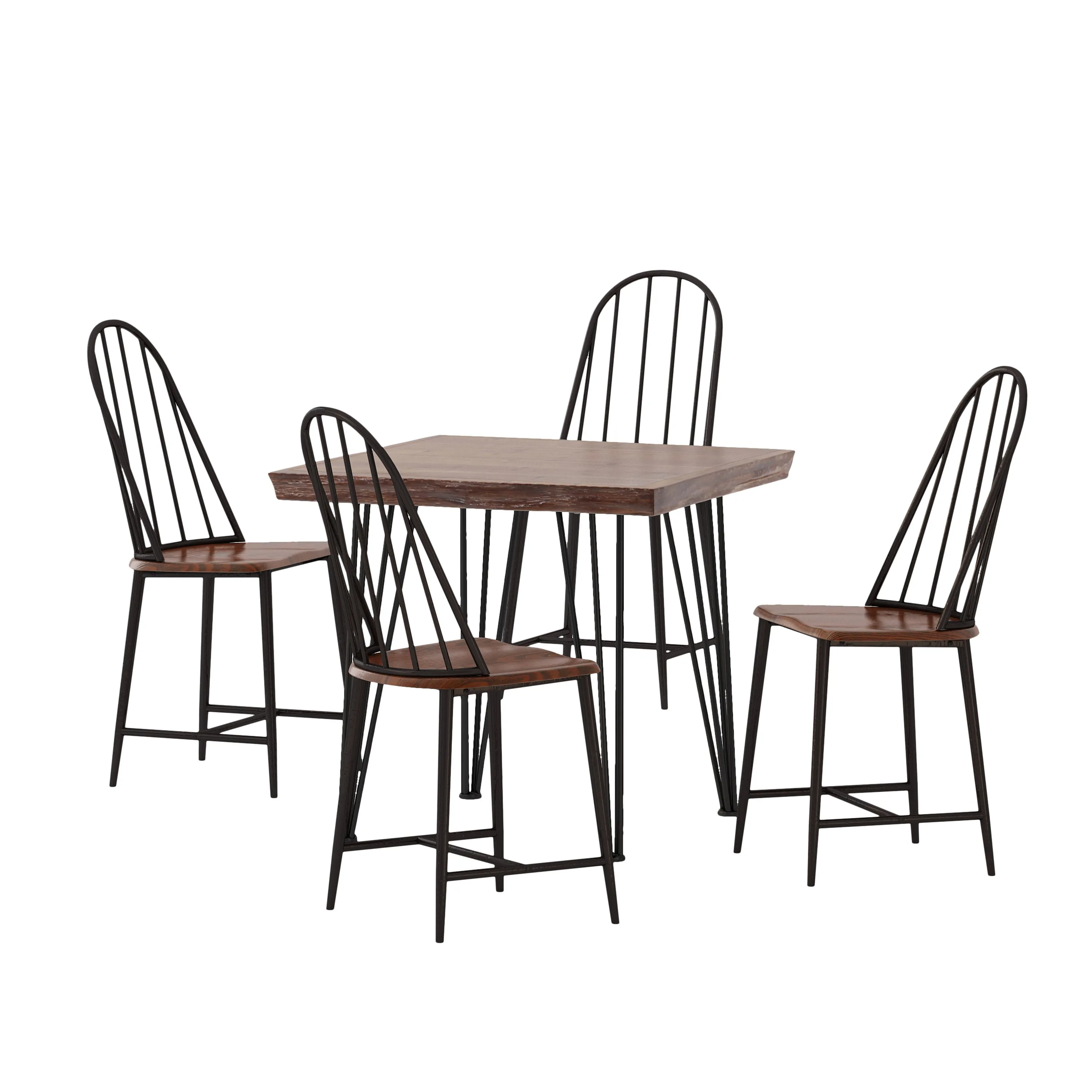 Kaia Faux Wood 5 Piece Dining Set, Dark Brown, Black