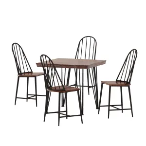 Kaia Faux Wood 5 Piece Dining Set, Dark Brown, Black