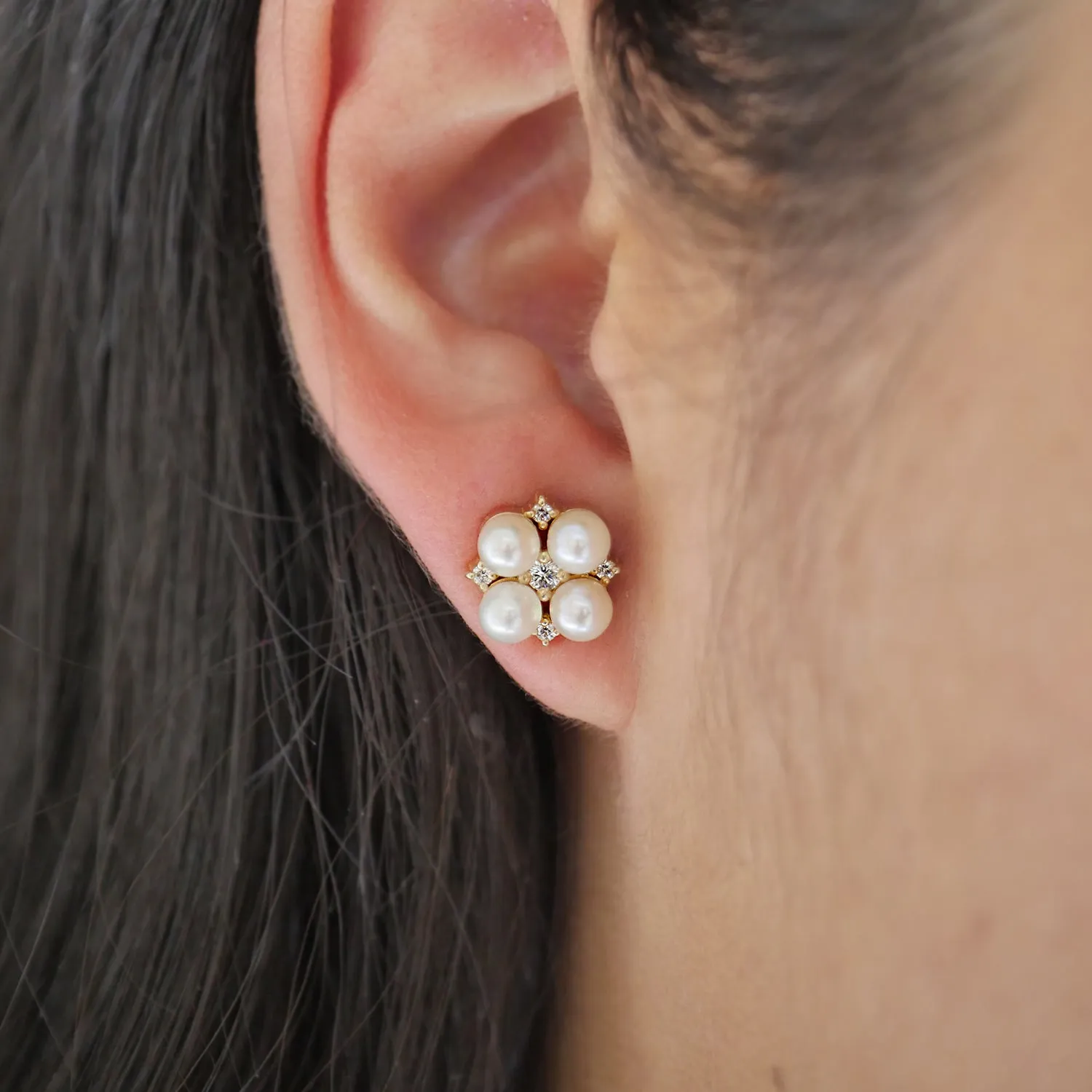 Large Deco Pearl & Diamond Bridal Stud Earrings