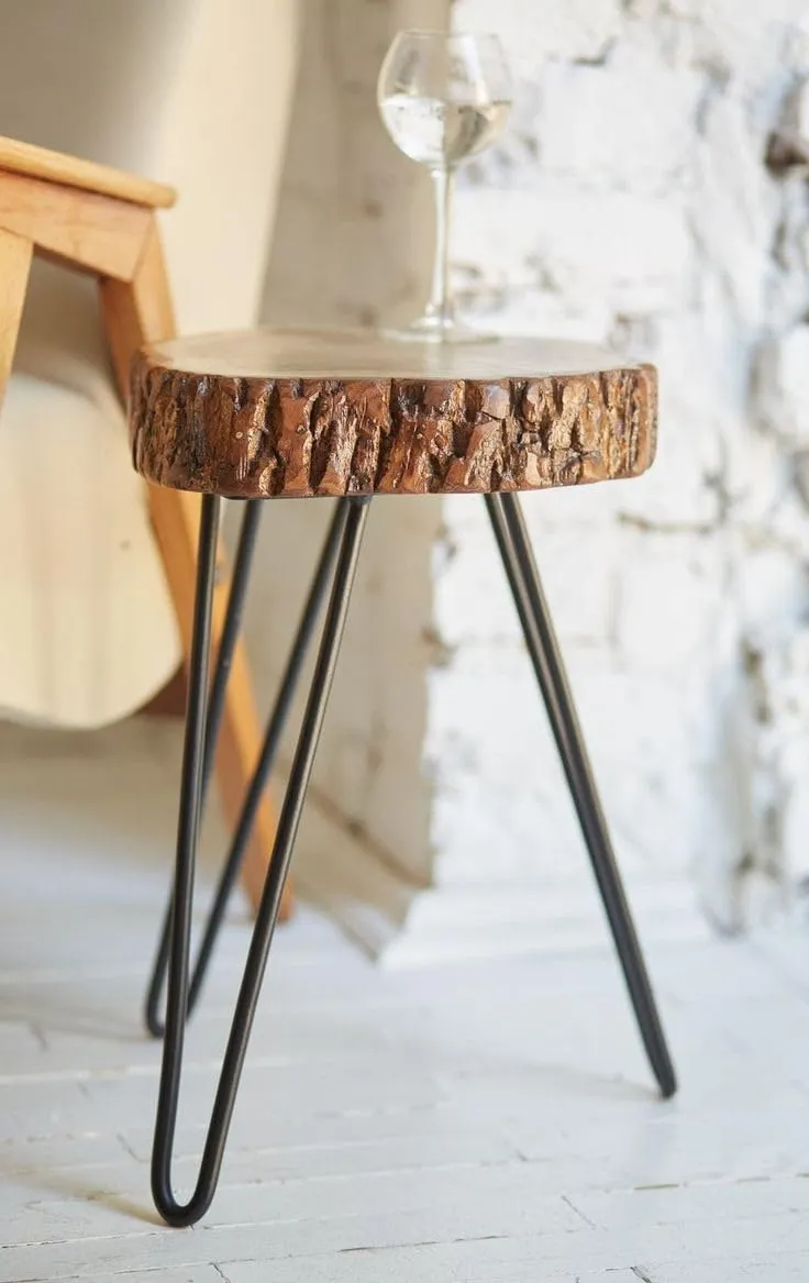 Latest Handcrafts Rustic Wooden End Table | Versatile Sofa Side Table, Coffee Table, or Plant Stand | Tree Slice Bark Look Metal Legs Stool | 12 x 12 x 18 inches | Perfect Home and Office Decor Piece
