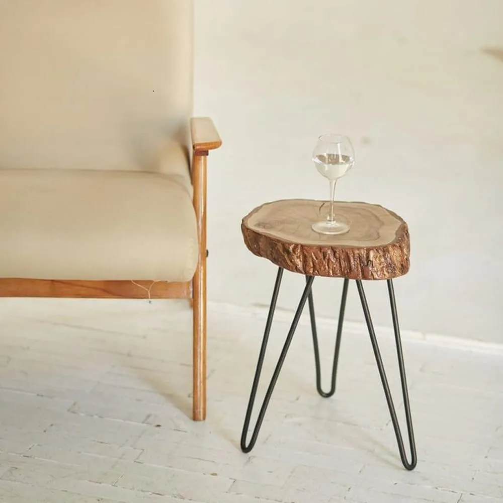 Latest Handcrafts Rustic Wooden End Table | Versatile Sofa Side Table, Coffee Table, or Plant Stand | Tree Slice Bark Look Metal Legs Stool | 12 x 12 x 18 inches | Perfect Home and Office Decor Piece
