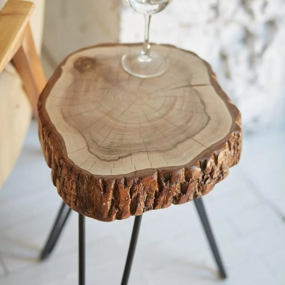 Latest Handcrafts Rustic Wooden End Table | Versatile Sofa Side Table, Coffee Table, or Plant Stand | Tree Slice Bark Look Metal Legs Stool | 12 x 12 x 18 inches | Perfect Home and Office Decor Piece
