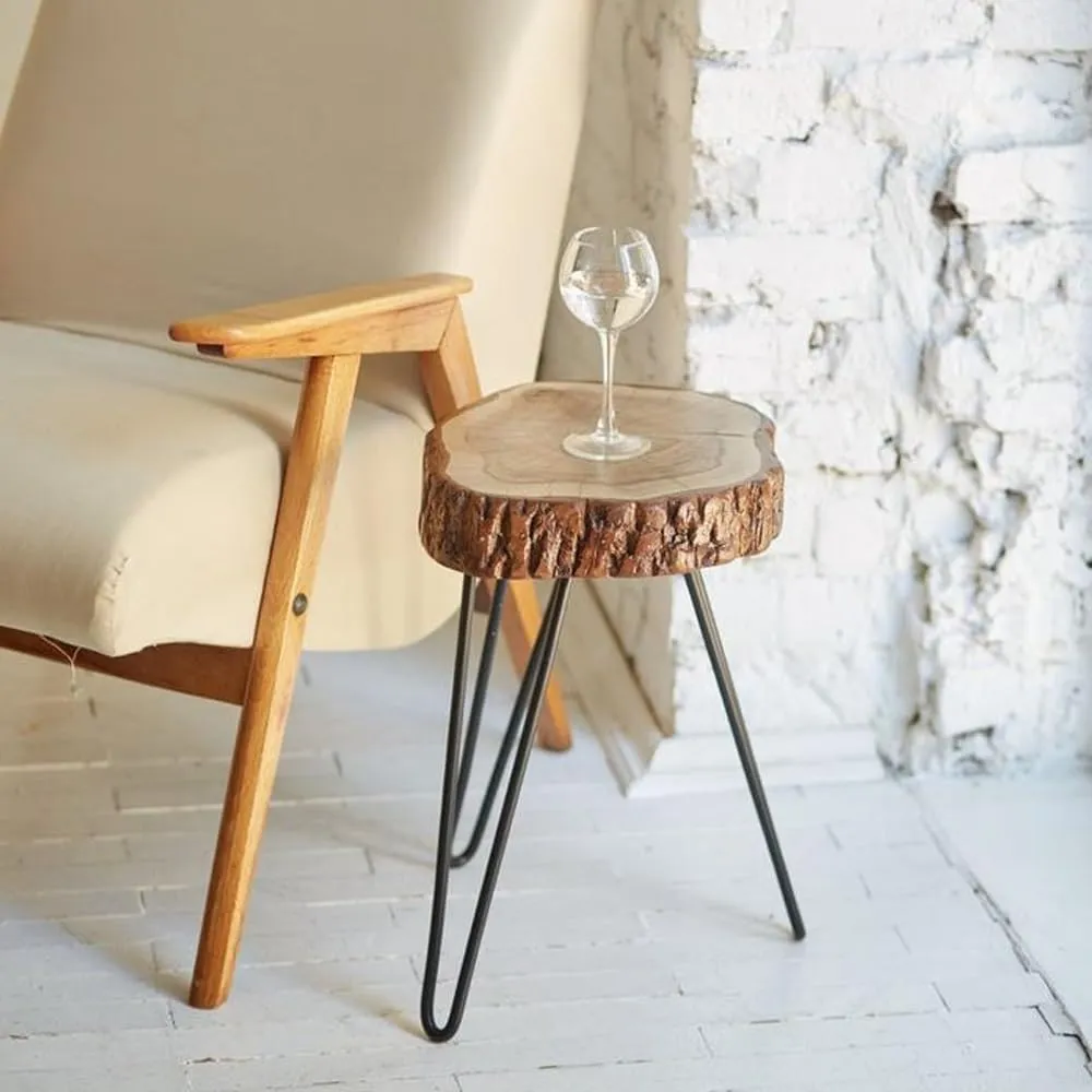 Latest Handcrafts Rustic Wooden End Table | Versatile Sofa Side Table, Coffee Table, or Plant Stand | Tree Slice Bark Look Metal Legs Stool | 12 x 12 x 18 inches | Perfect Home and Office Decor Piece