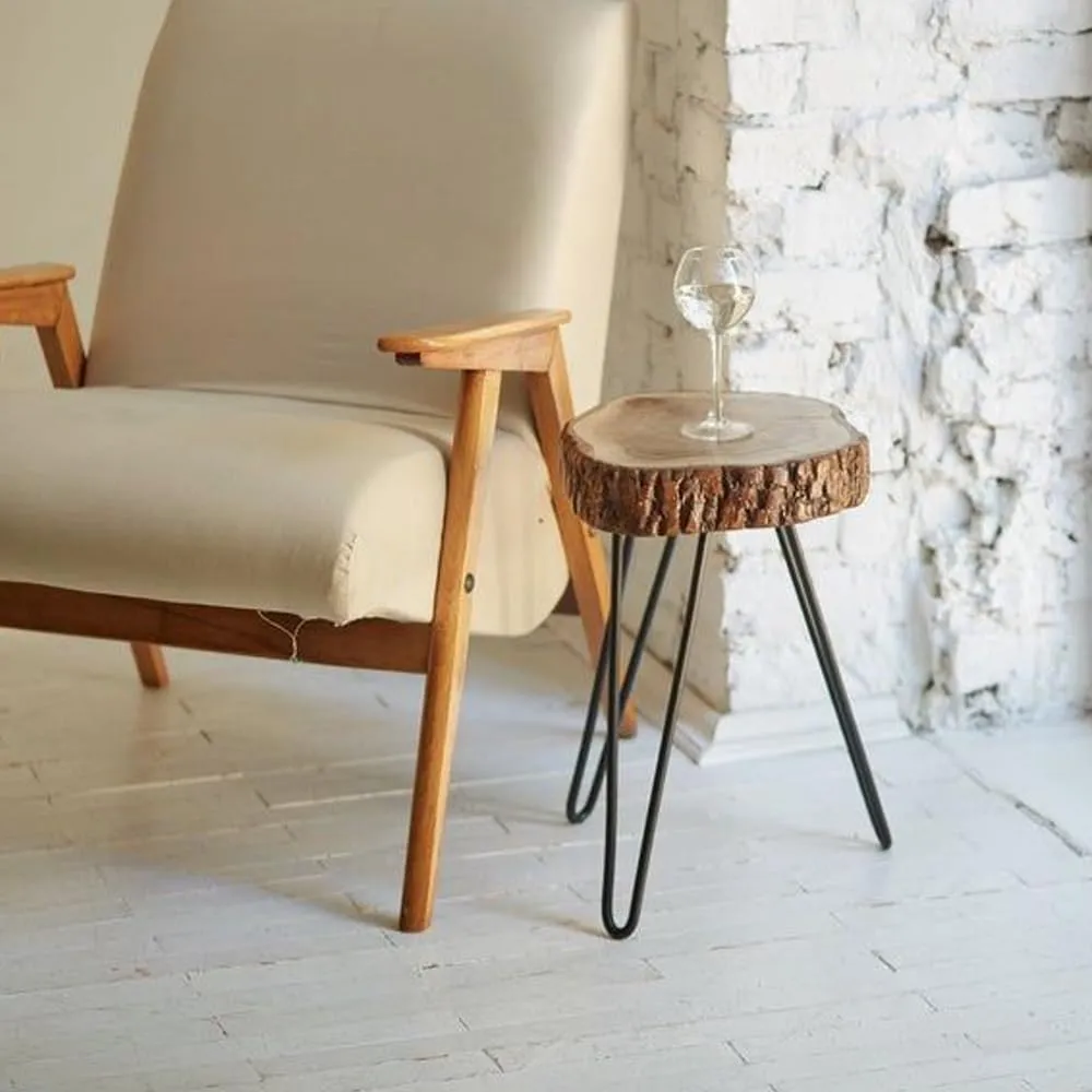 Latest Handcrafts Rustic Wooden End Table | Versatile Sofa Side Table, Coffee Table, or Plant Stand | Tree Slice Bark Look Metal Legs Stool | 12 x 12 x 18 inches | Perfect Home and Office Decor Piece
