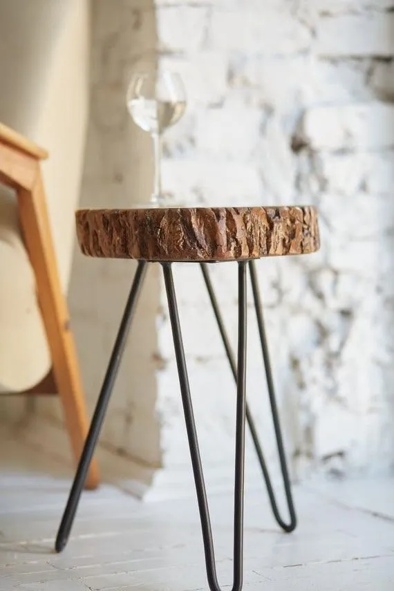 Latest Handcrafts Rustic Wooden End Table | Versatile Sofa Side Table, Coffee Table, or Plant Stand | Tree Slice Bark Look Metal Legs Stool | 12 x 12 x 18 inches | Perfect Home and Office Decor Piece