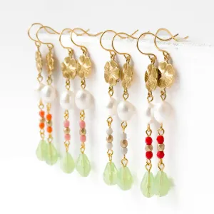 Long Flower and Pearl Earrings With Beads