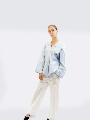 Long Sleeve Striped Shirt with Origami Classic Collar  Light Blue