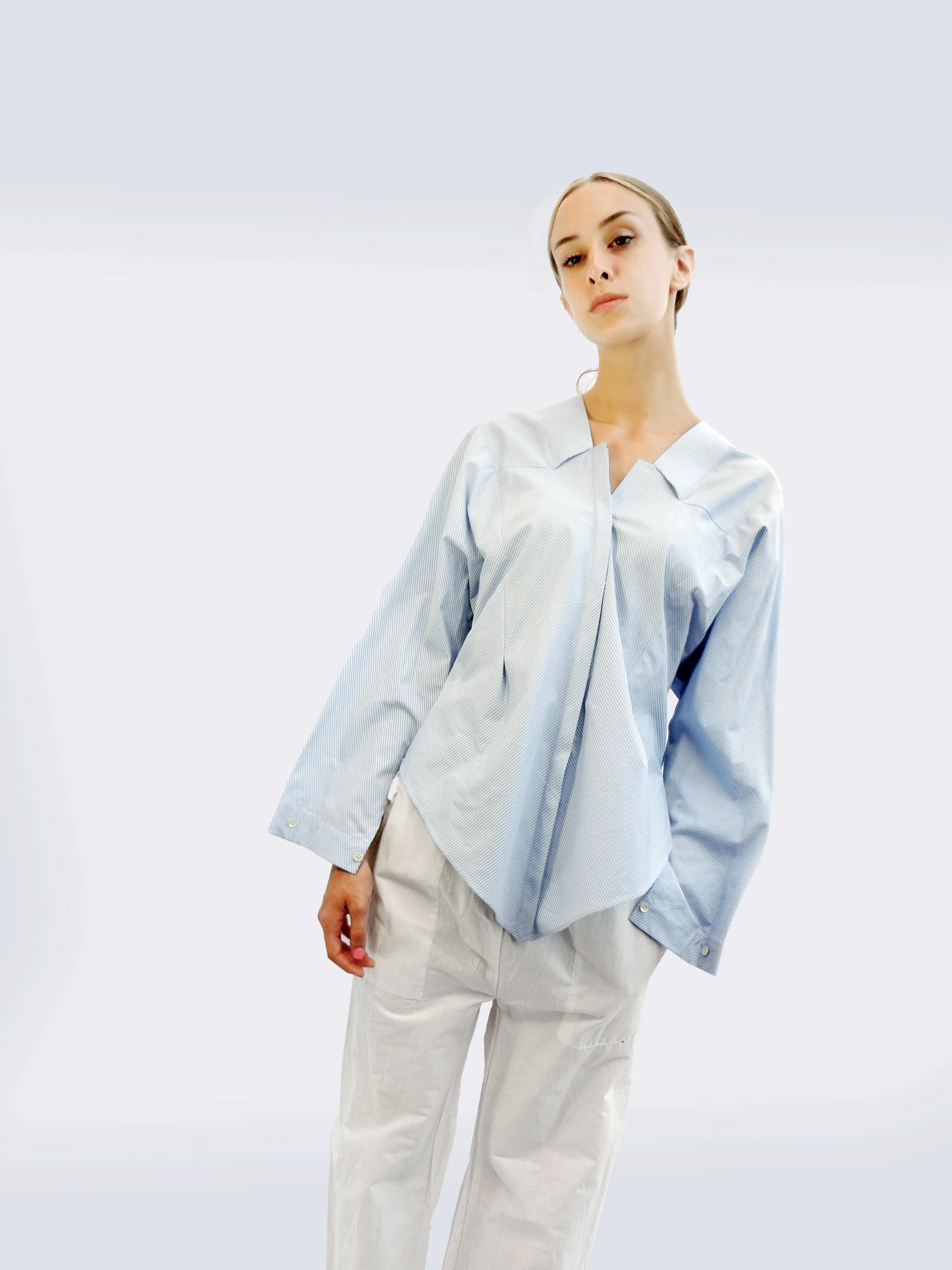 Long Sleeve Striped Shirt with Origami Classic Collar  Light Blue