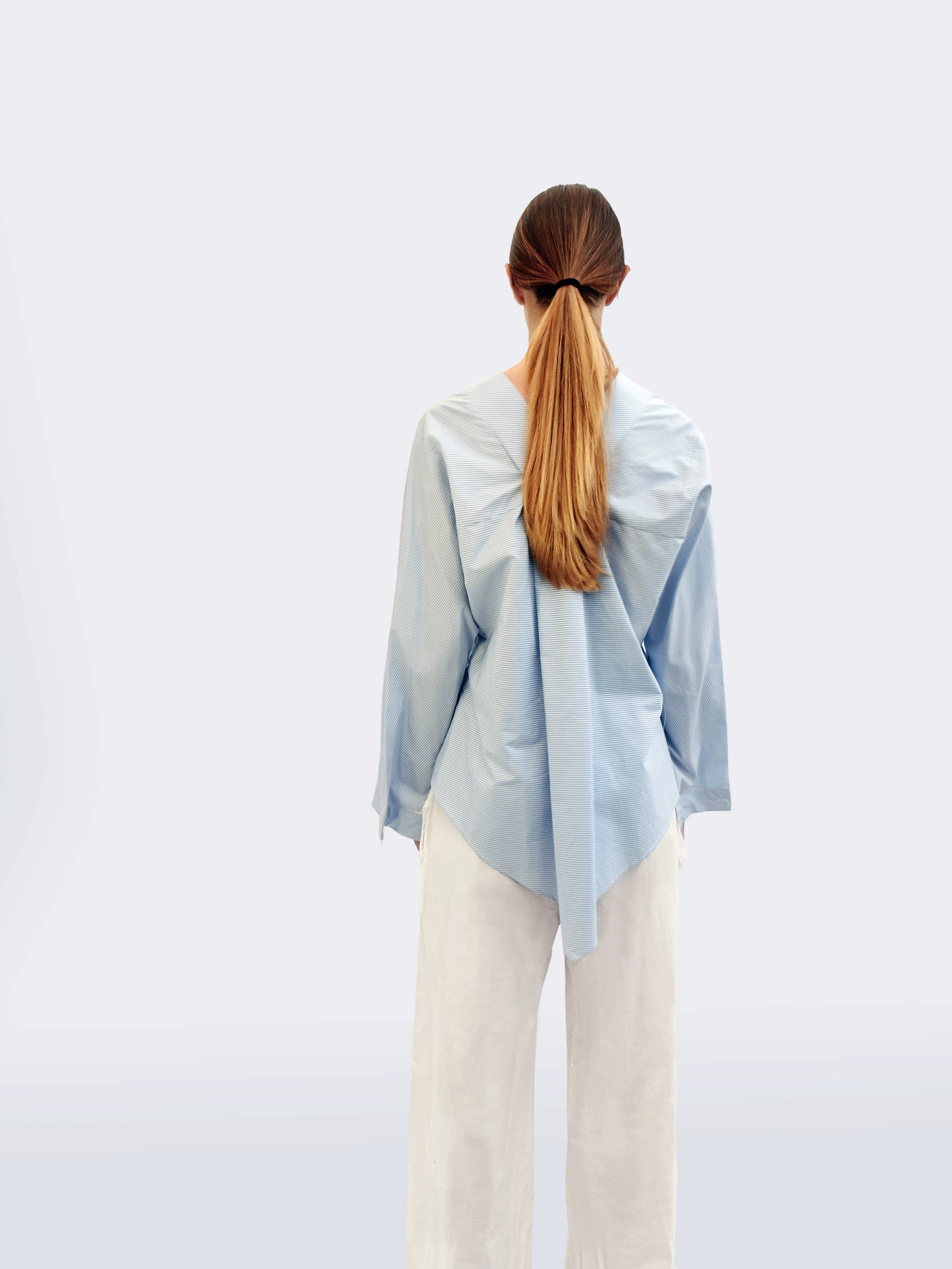 Long Sleeve Striped Shirt with Origami Classic Collar  Light Blue