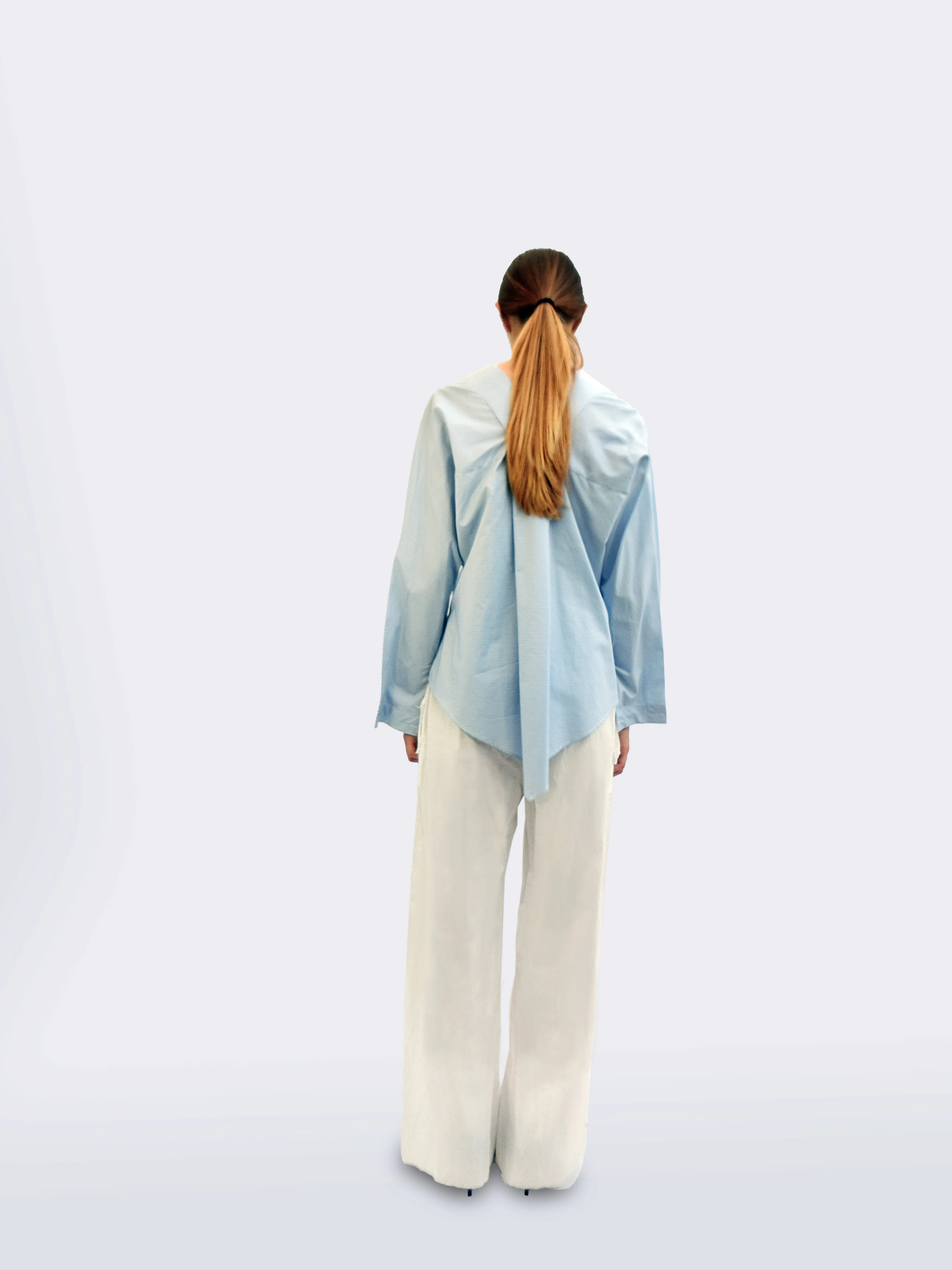 Long Sleeve Striped Shirt with Origami Classic Collar  Light Blue