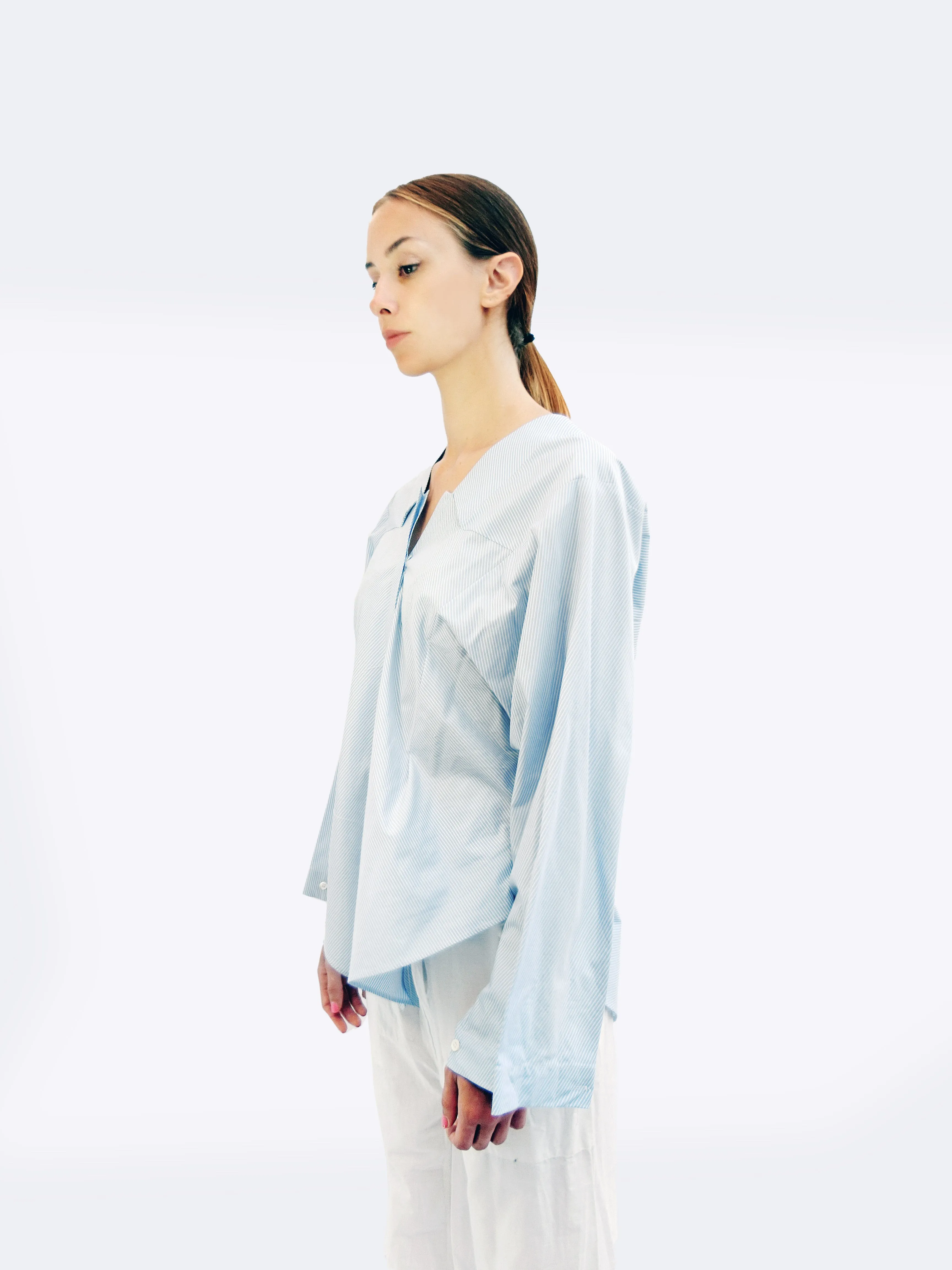 Long Sleeve Striped Shirt with Origami Classic Collar  Light Blue
