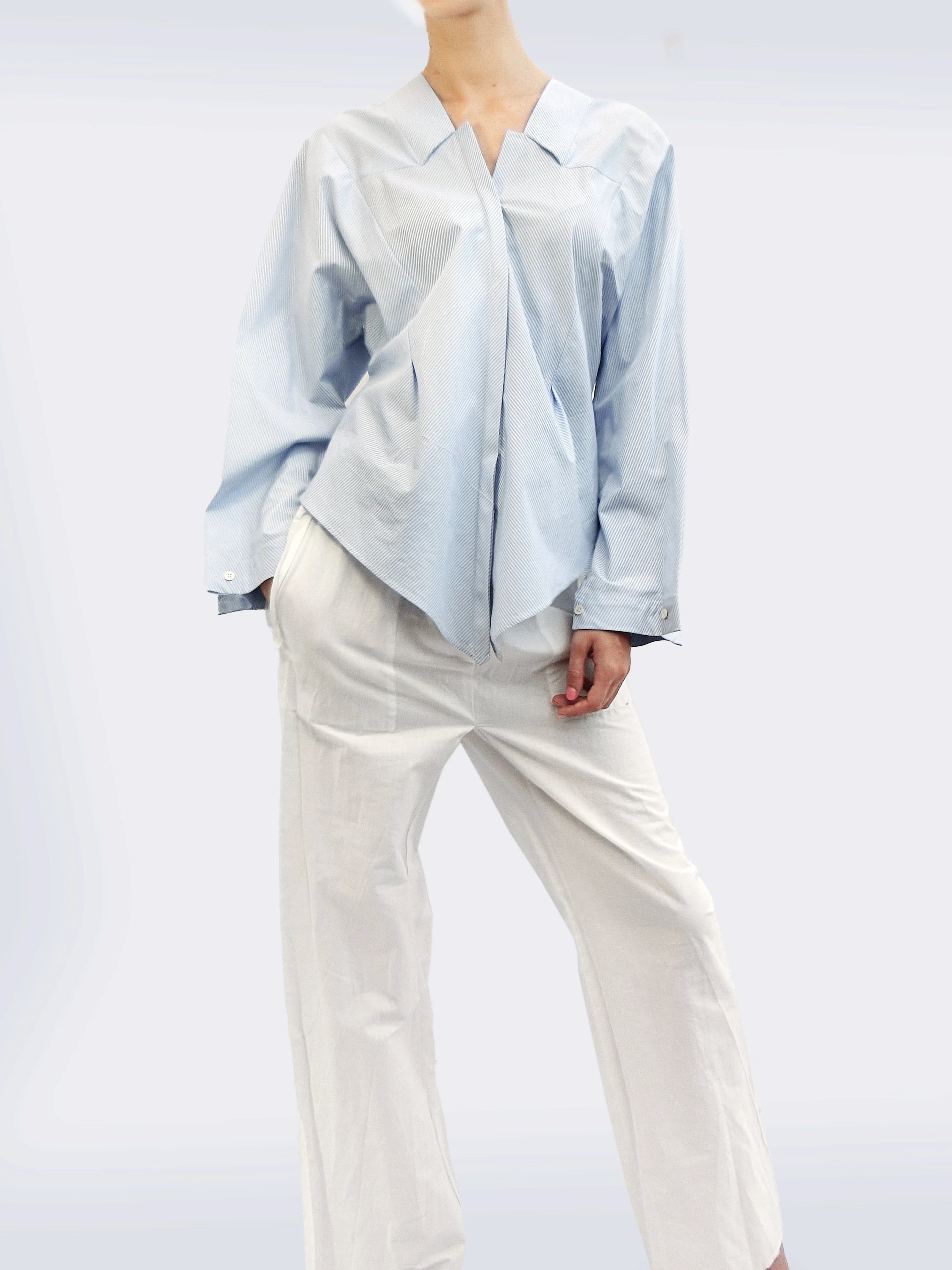 Long Sleeve Striped Shirt with Origami Classic Collar  Light Blue