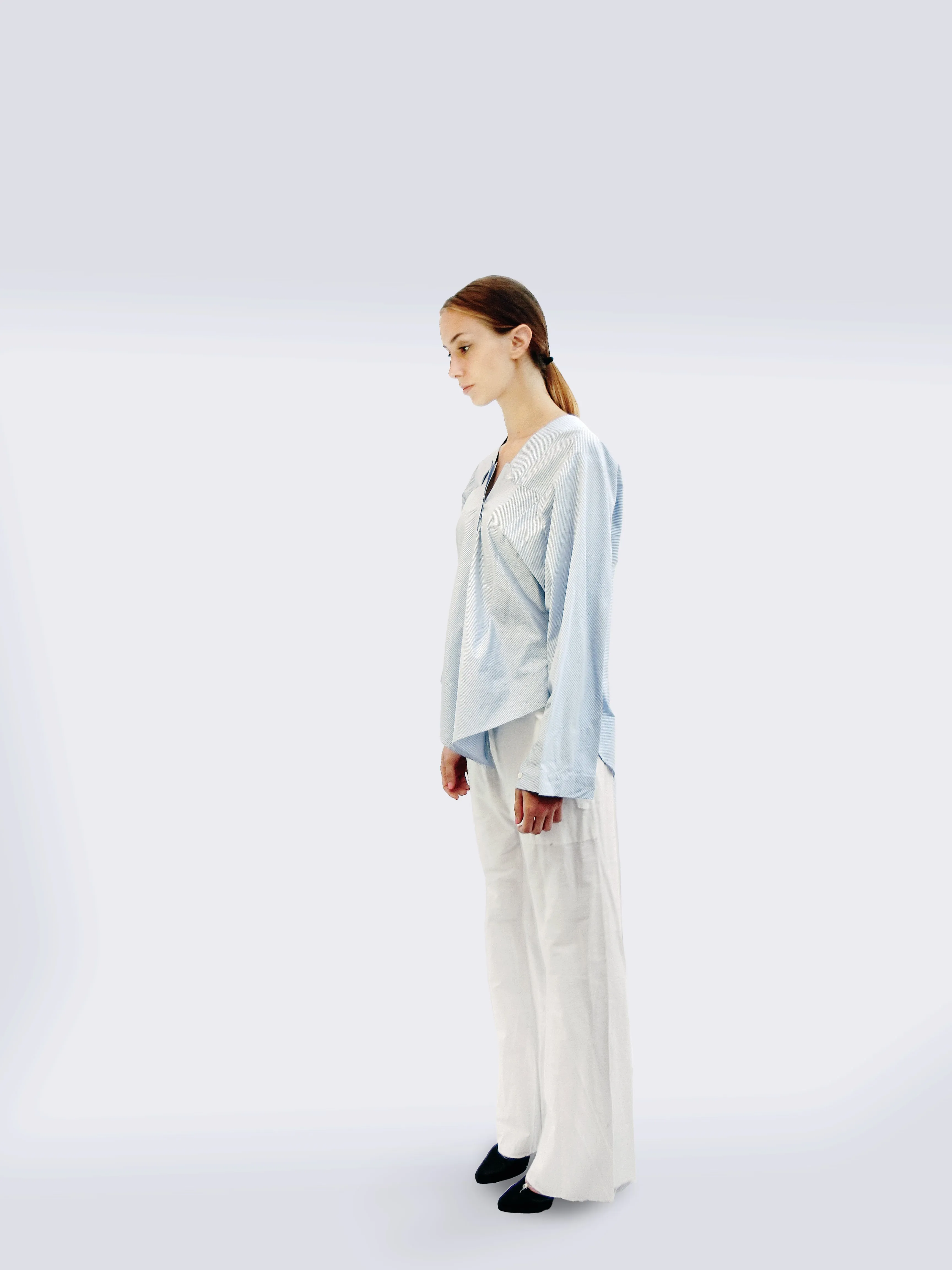 Long Sleeve Striped Shirt with Origami Classic Collar  Light Blue