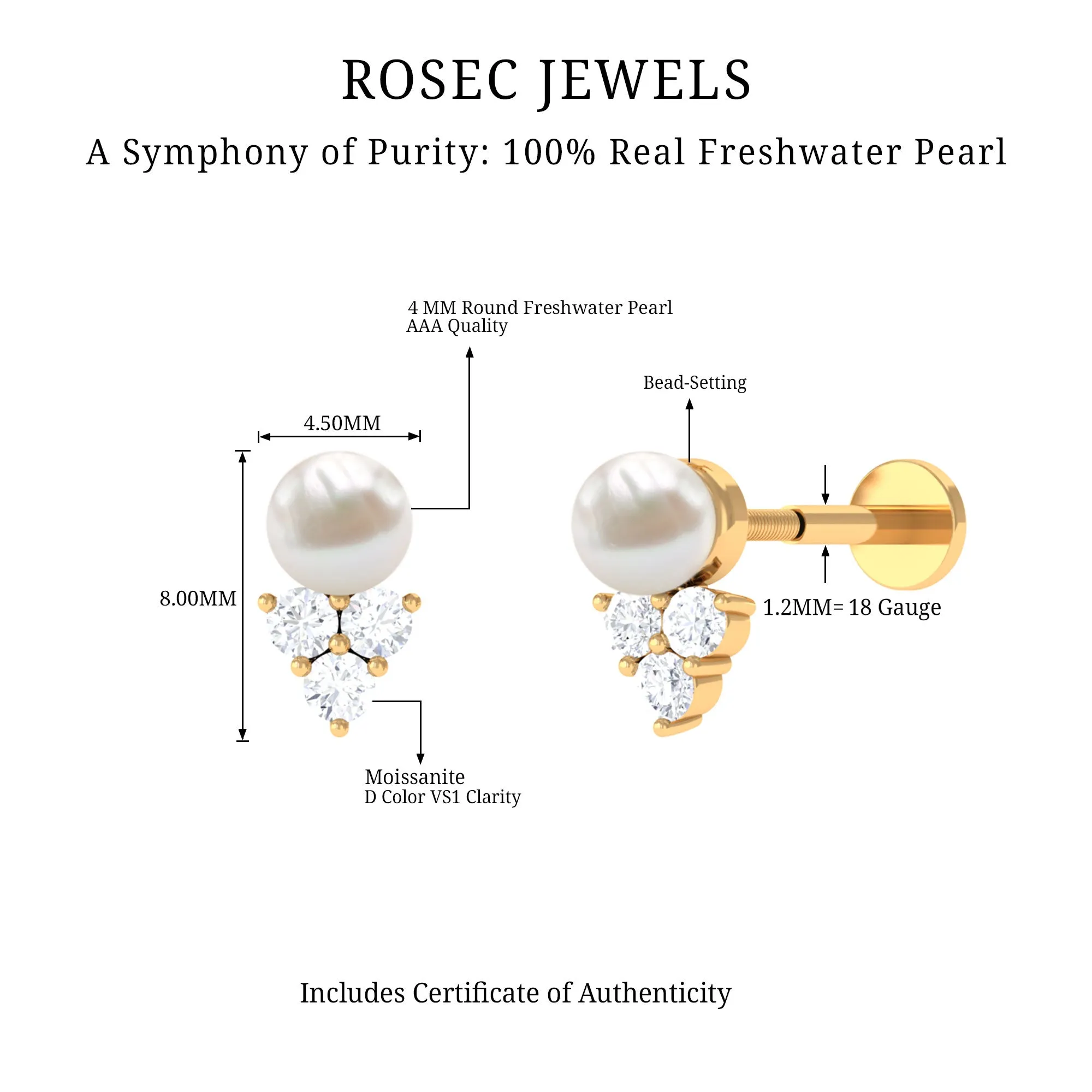 Minimal Freshwater Pearl and Moissanite Tragus Earring
