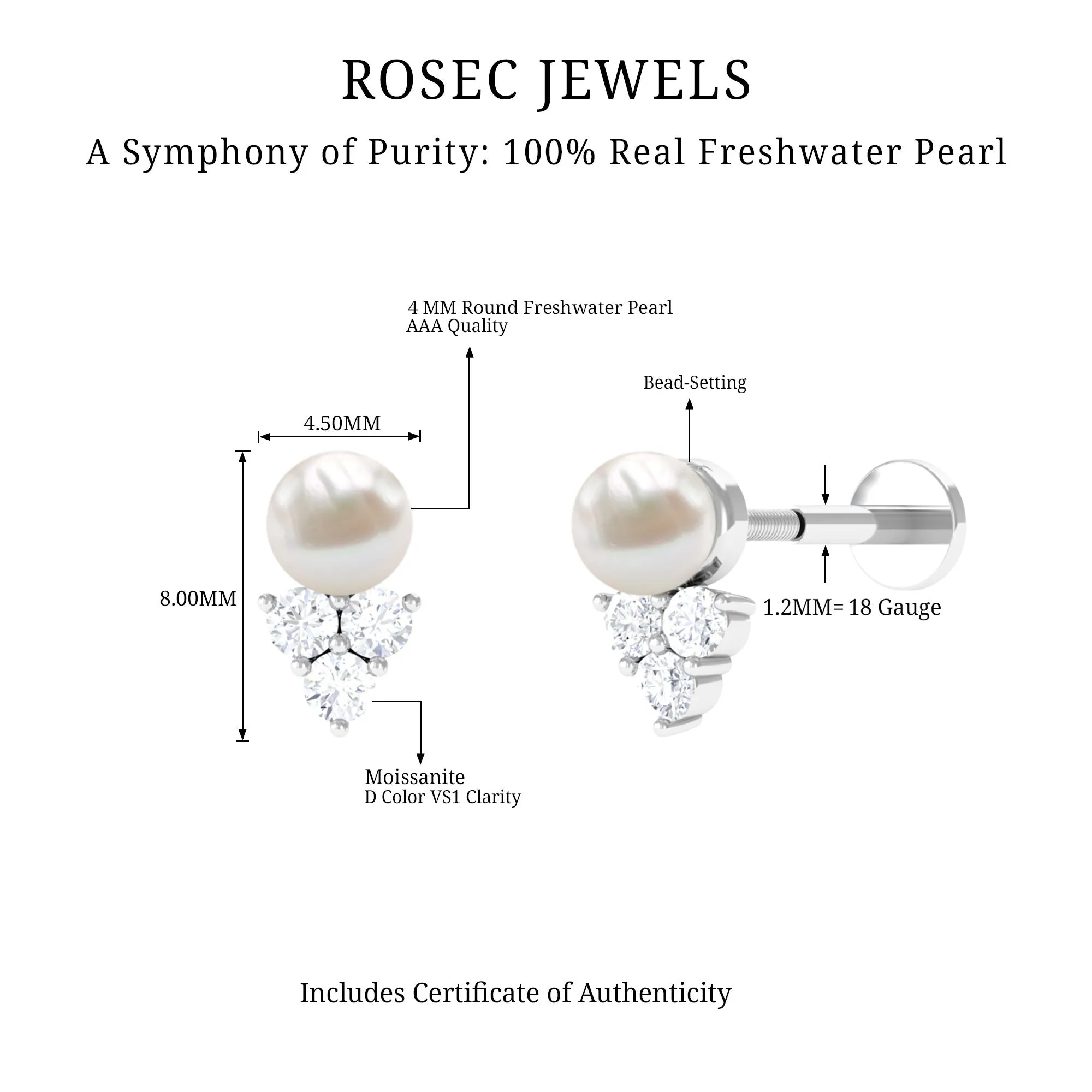 Minimal Freshwater Pearl and Moissanite Tragus Earring