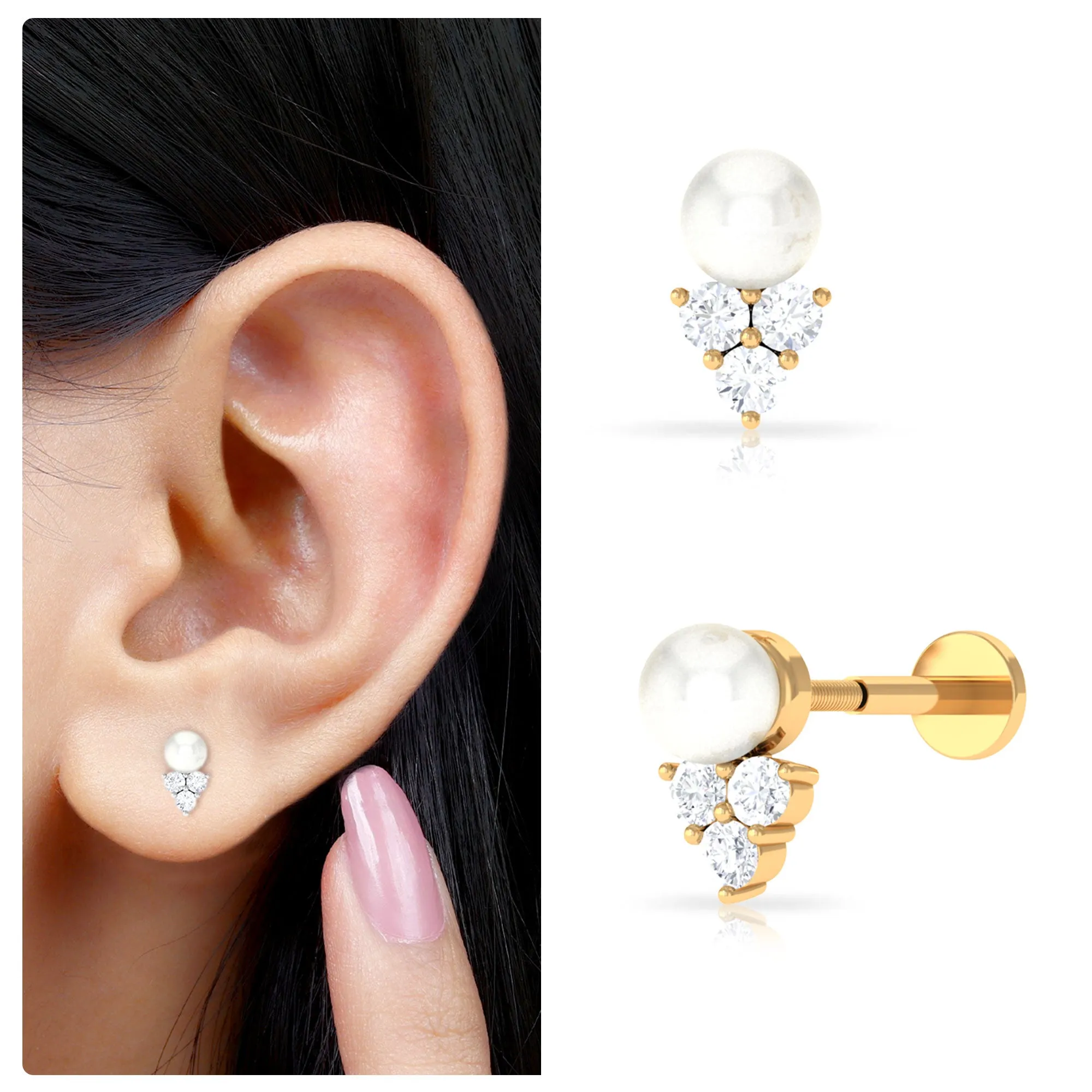 Minimal Freshwater Pearl and Moissanite Tragus Earring