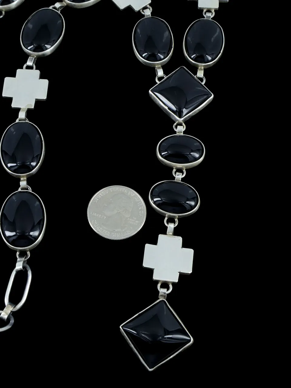 Native American Black Onyx Sterling Silver Lariat Necklace
