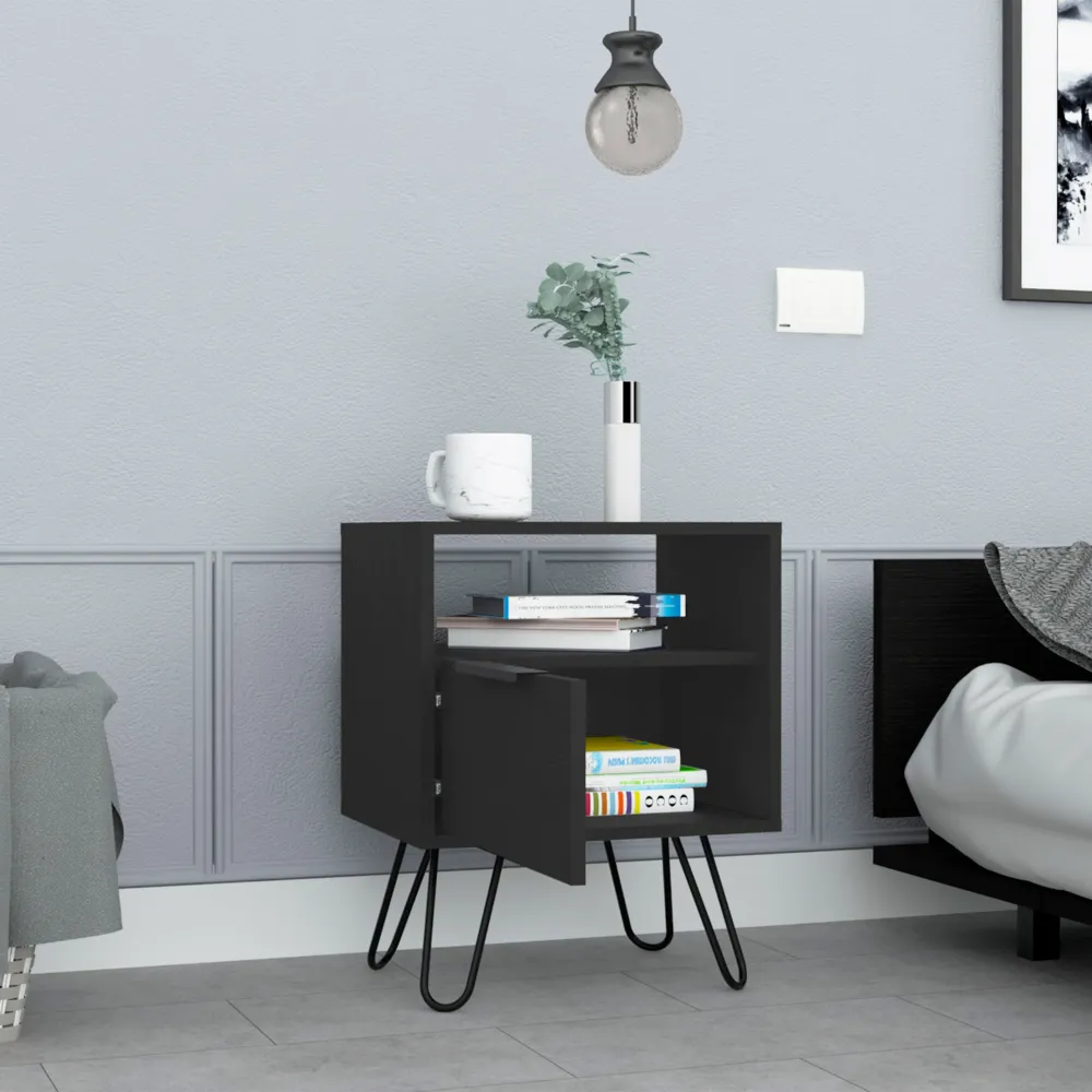 Nightstand 22"H, One Open Shelf, Single Door Cabient, Hairpin Legs, Black