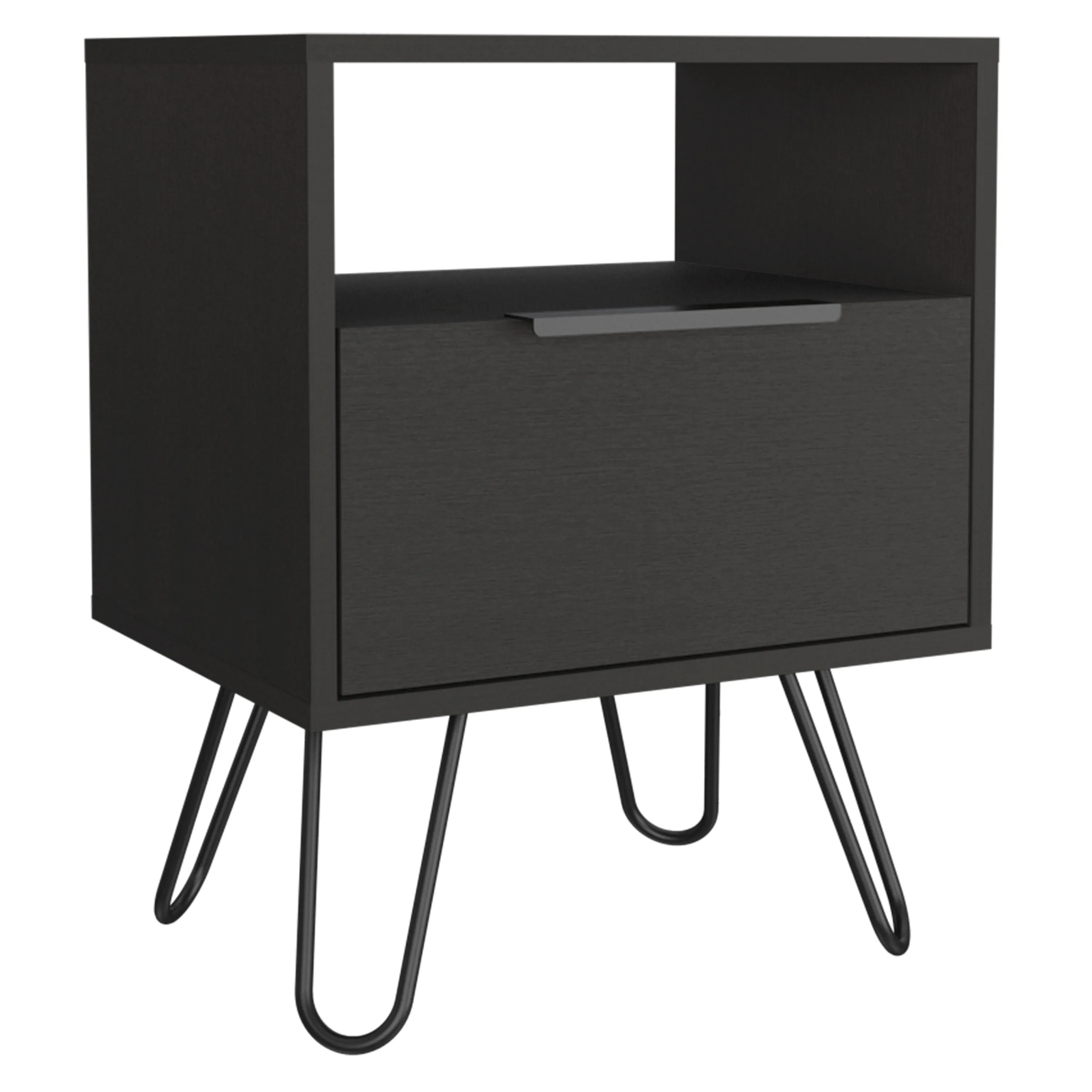 Nightstand 22"H, One Open Shelf, Single Door Cabient, Hairpin Legs, Black