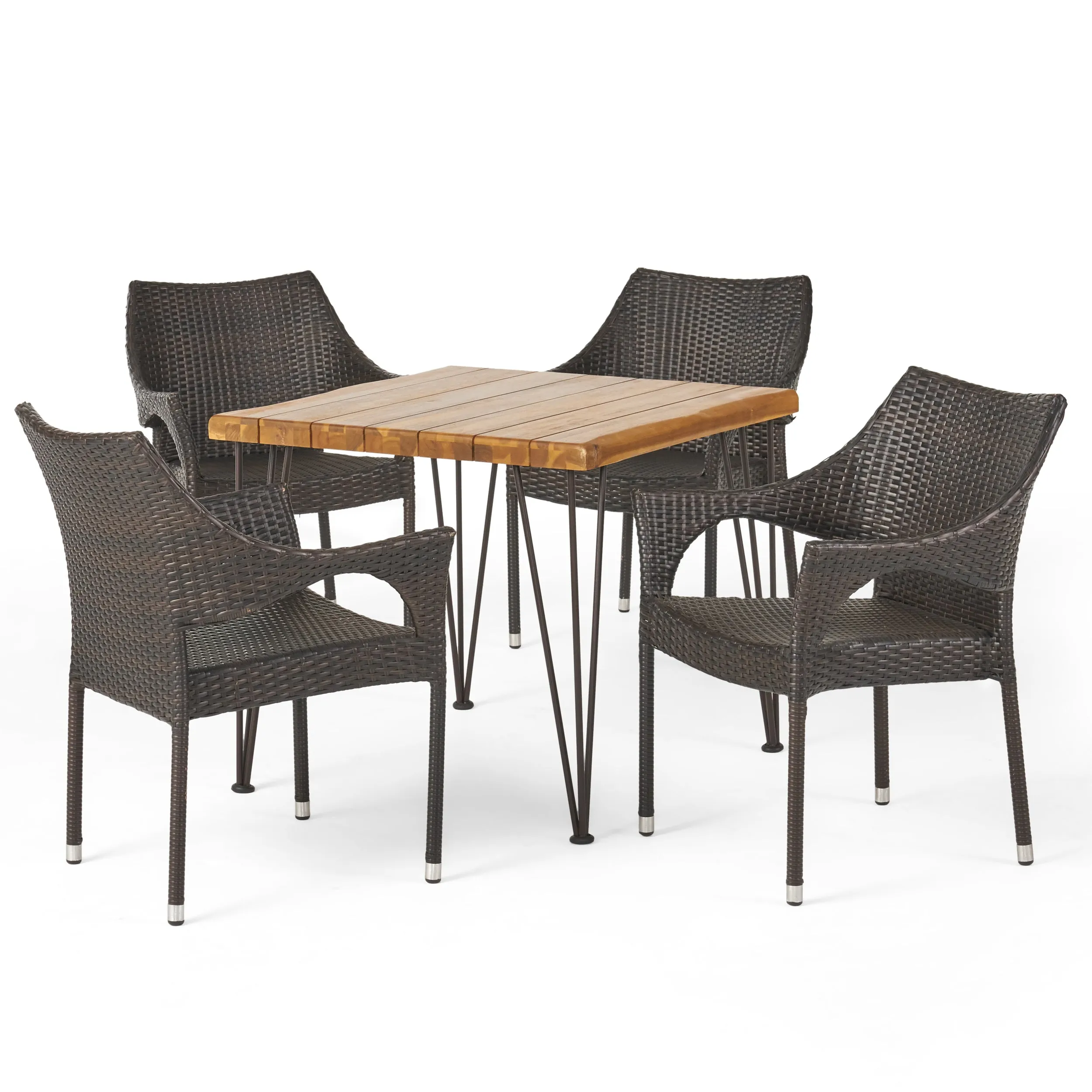 Northside Outdoor Farmhouse Wood and Wicker 5 Piece Square Dining Set, Teak and Multi Brown