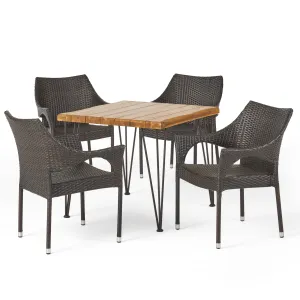 Northside Outdoor Farmhouse Wood and Wicker 5 Piece Square Dining Set, Teak and Multi Brown