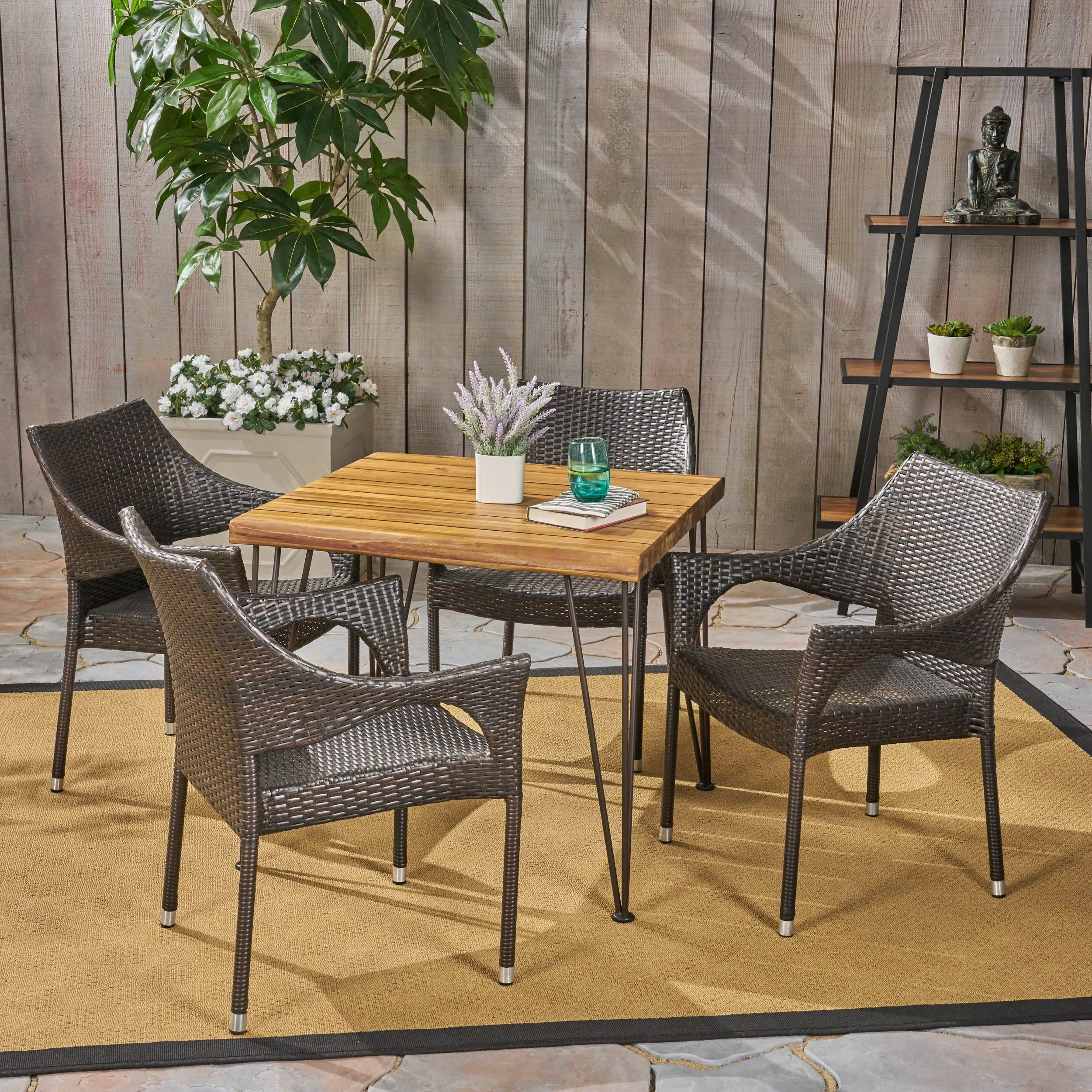 Northside Outdoor Farmhouse Wood and Wicker 5 Piece Square Dining Set, Teak and Multi Brown