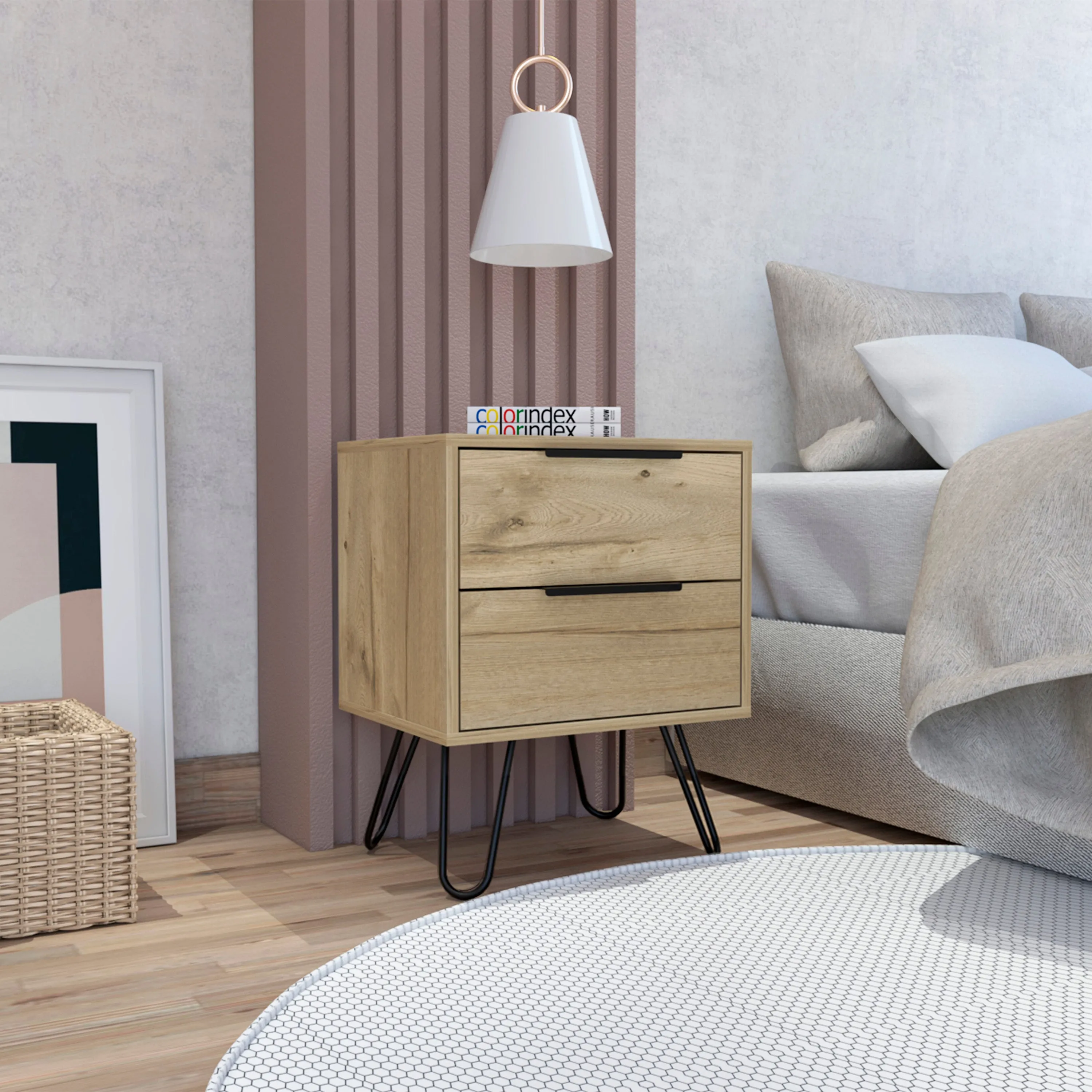 Nuvo 2 Nightstand,Two Drawers, Hairpin Legs
