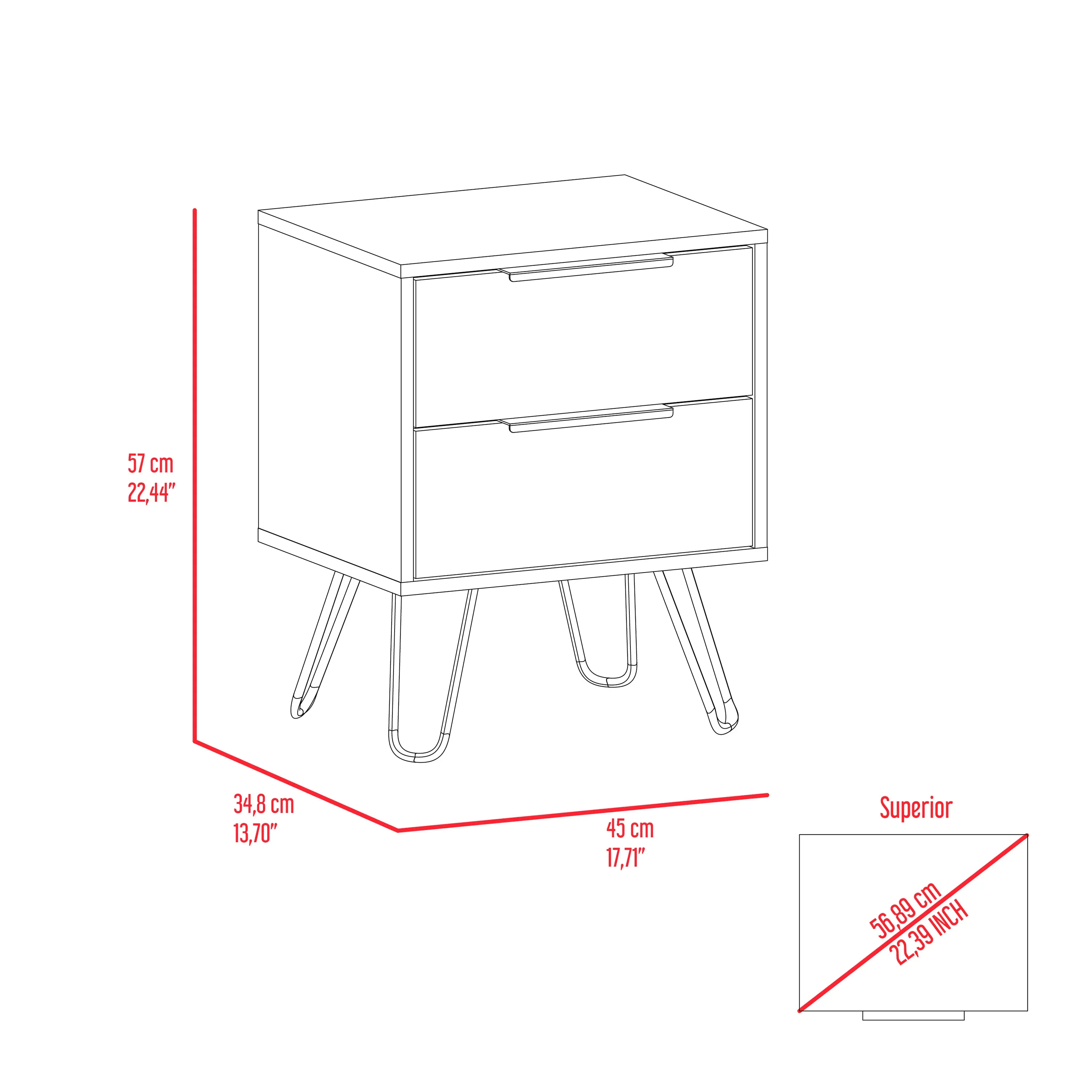 Nuvo 2 Nightstand,Two Drawers, Hairpin Legs