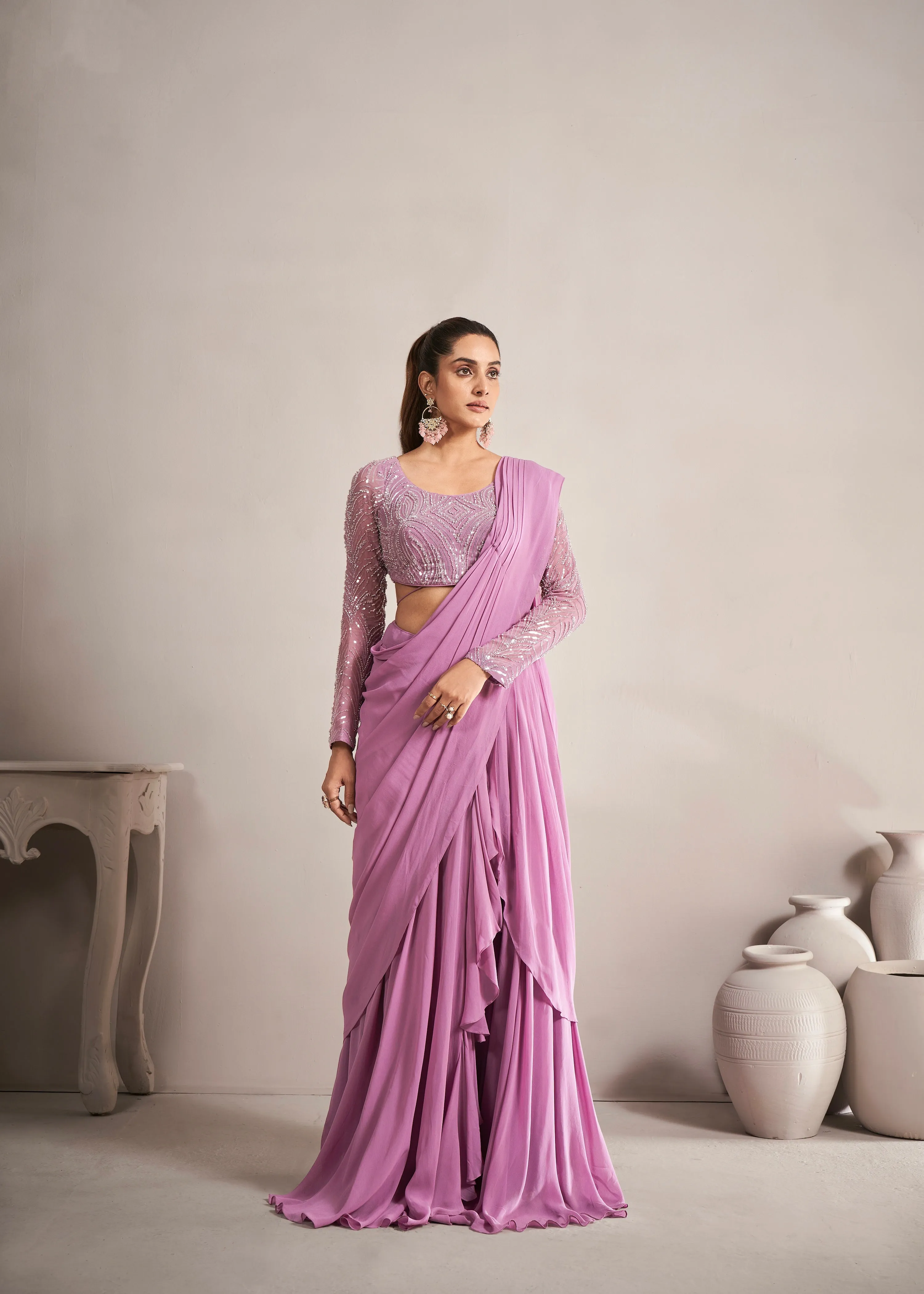 Onion Pink Ready-to-Wear Georgette Saree with Beads and Sequence Work