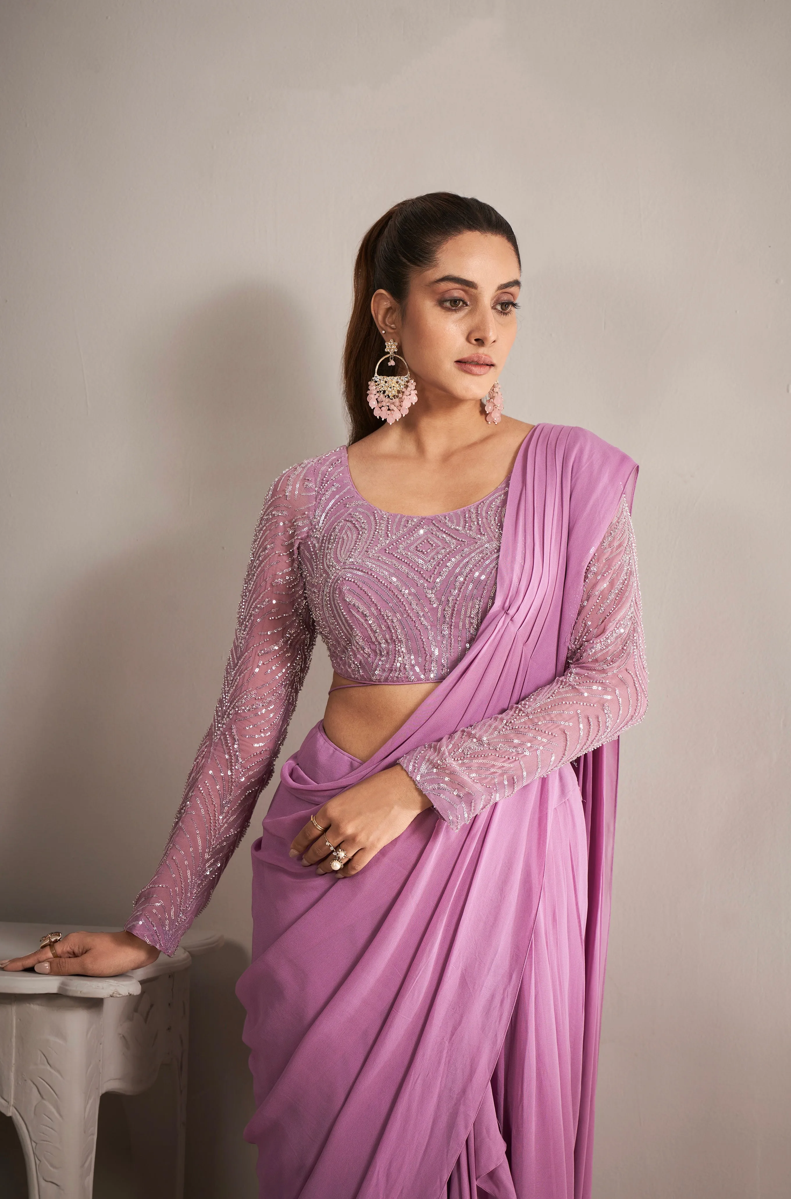 Onion Pink Ready-to-Wear Georgette Saree with Beads and Sequence Work