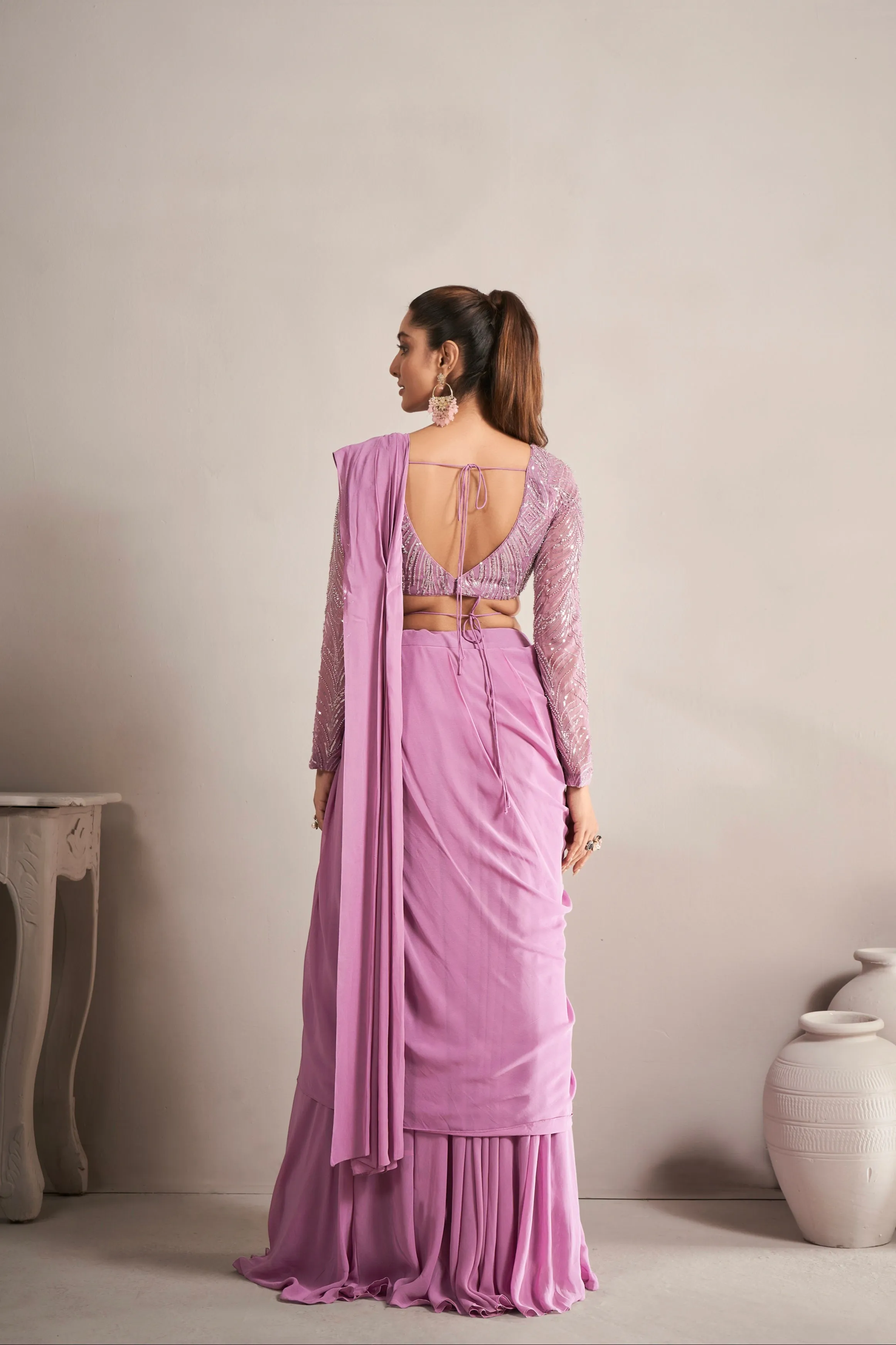 Onion Pink Ready-to-Wear Georgette Saree with Beads and Sequence Work