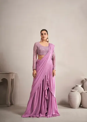 Onion Pink Ready-to-Wear Georgette Saree with Beads and Sequence Work