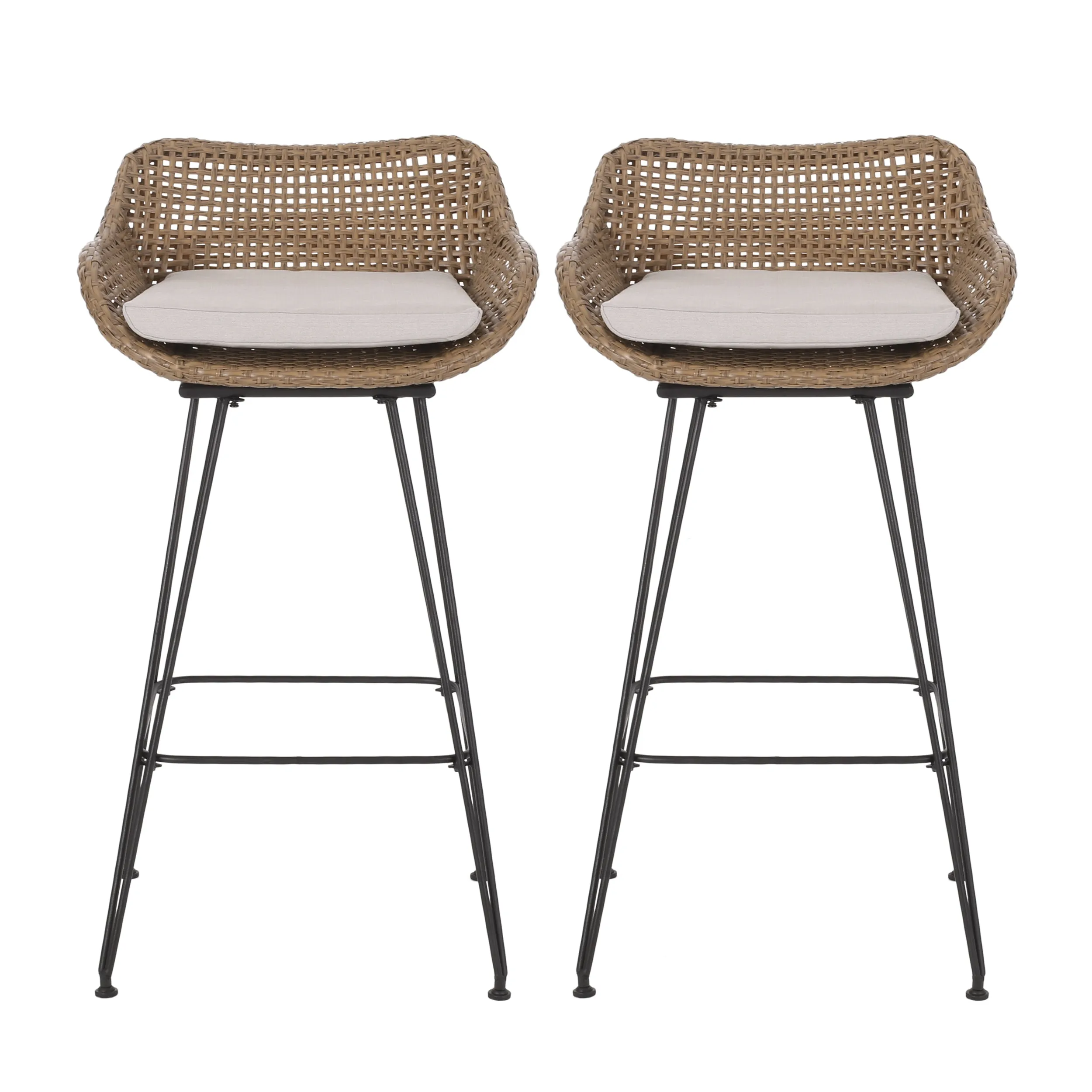 Outdoor 29.25'' Wicker and Iron Barstool with Cushion (Set of 2)