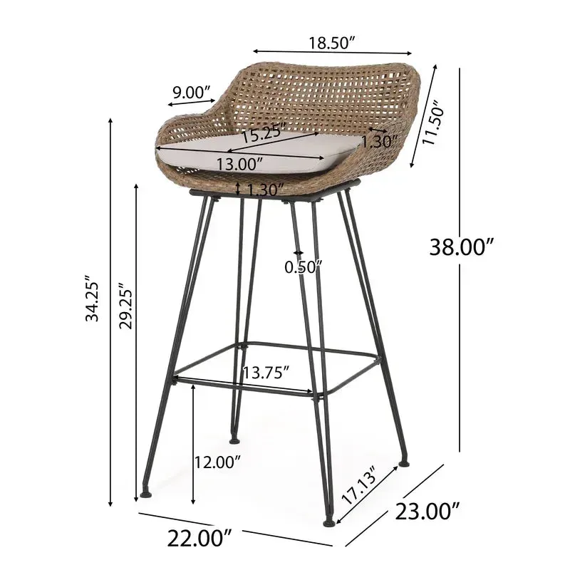Outdoor 29.25'' Wicker and Iron Barstool with Cushion (Set of 2)
