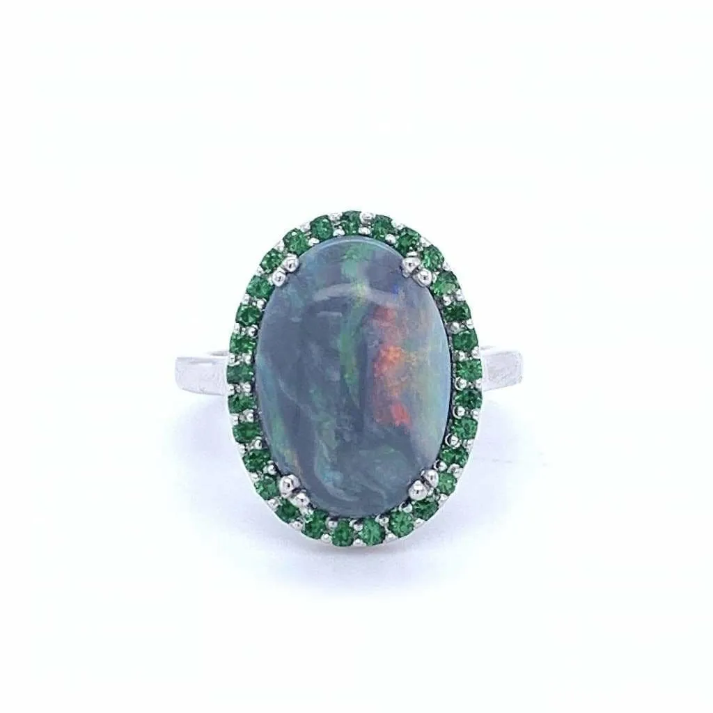 Oval Black Opal With Tsavorite Garnet Halo in Austin, Texas