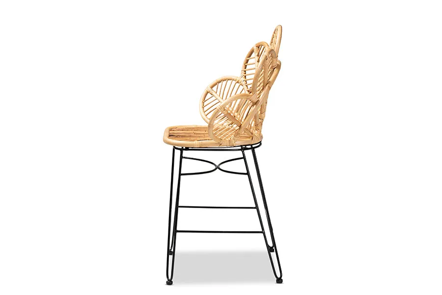 Paisley Natural Brown Rattan Black Metal Counter Stool