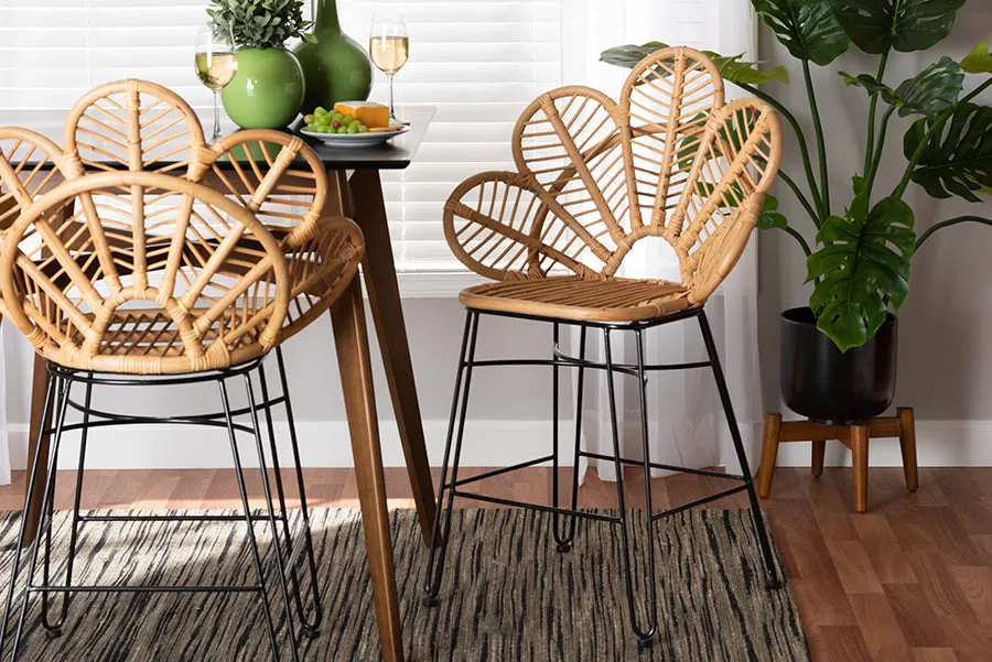 Paisley Natural Brown Rattan Black Metal Counter Stool
