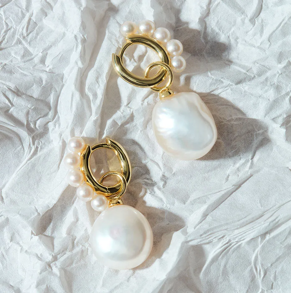 Pearl Huggie and Baroque Pearl Charm Silver Earring Set