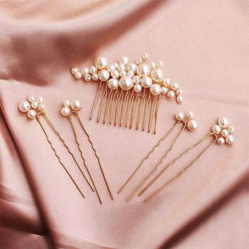Pearls Adorned Hair Comb and Hairpin Set