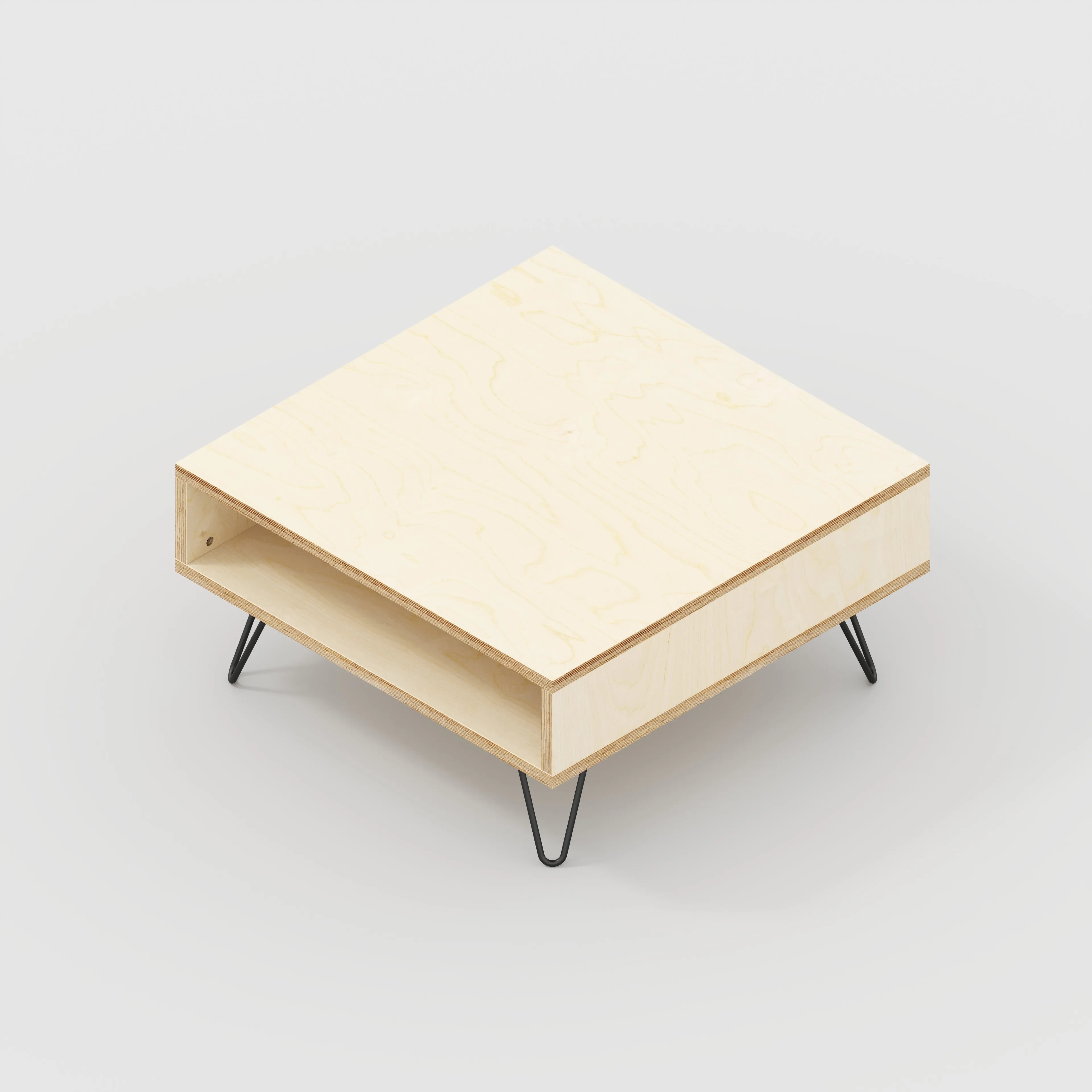 Plywood Coffee Table with Box Storage and Black Hairpin Legs - Plywood Birch - 800(w) x 800(d) x 400(h)