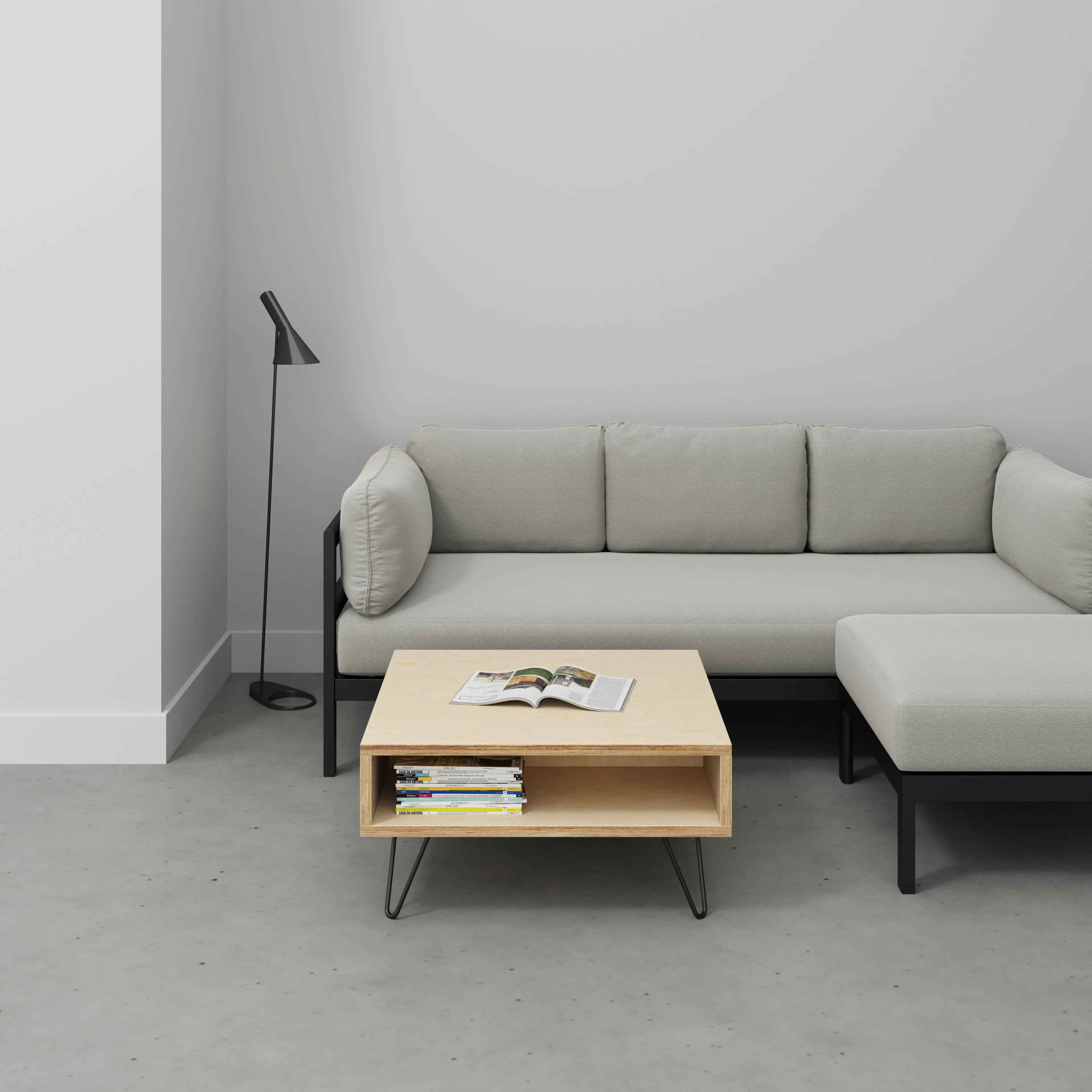 Plywood Coffee Table with Box Storage and Black Hairpin Legs - Plywood Birch - 800(w) x 800(d) x 400(h)