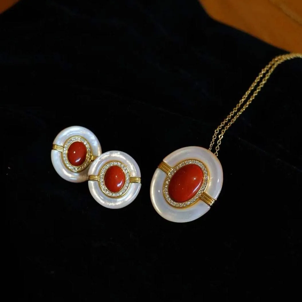 Red Onyx Mother Of Pearls Earrings, Necklace and Ring (Purchase individually)