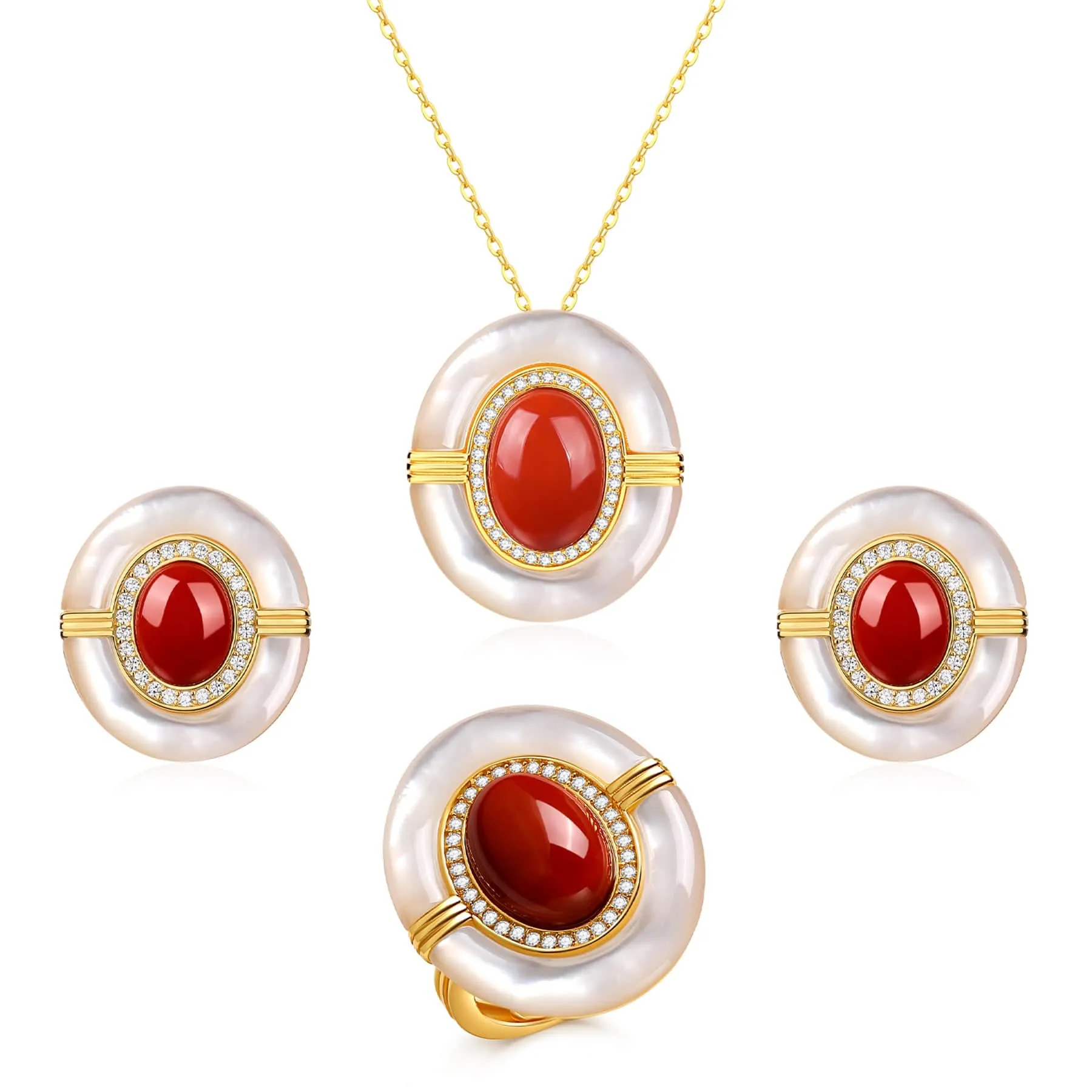 Red Onyx Mother Of Pearls Earrings, Necklace and Ring (Purchase individually)