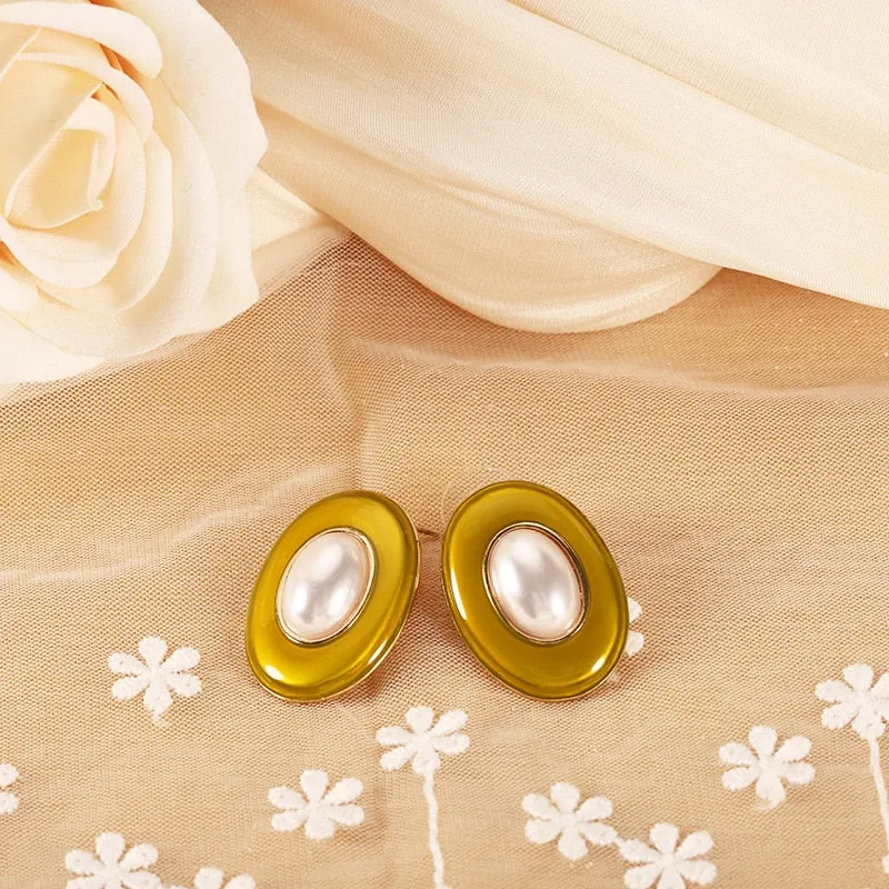 S925 Oval Pearl Colorful Earrings