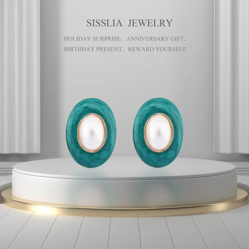 S925 Oval Pearl Colorful Earrings